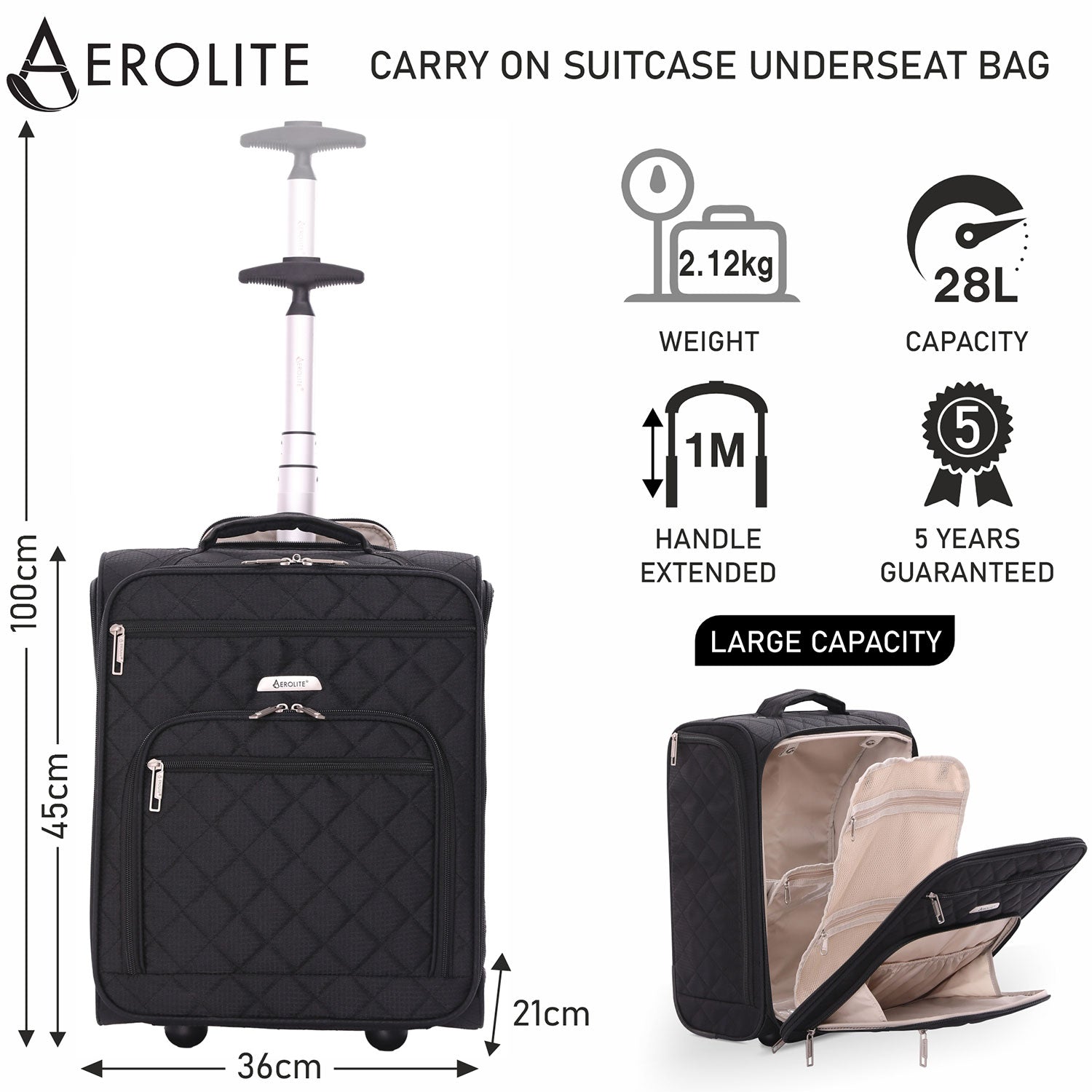 Aerolite Easyjet cabin suitcase with dimensions 45x36x20cm, 28L capacity, lightweight at 2.12kg, and 5-year warranty.
