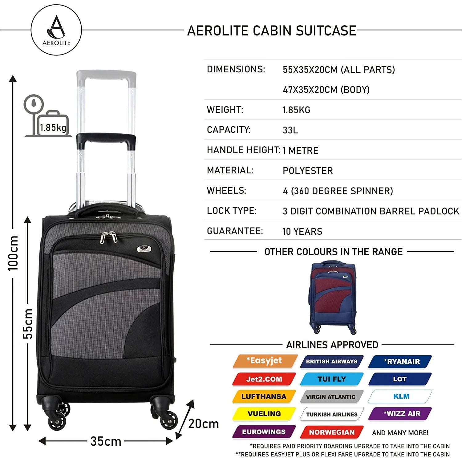 Aerolite cabin suitcase dimensions and features