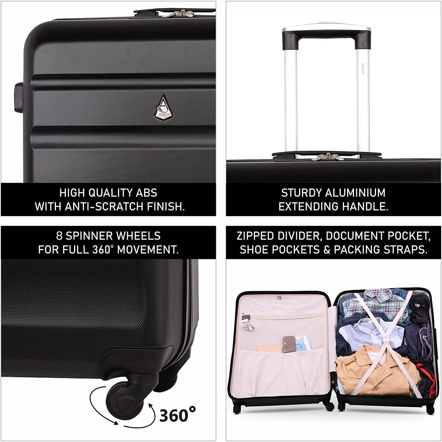Aerolite suitcase shown from different angles