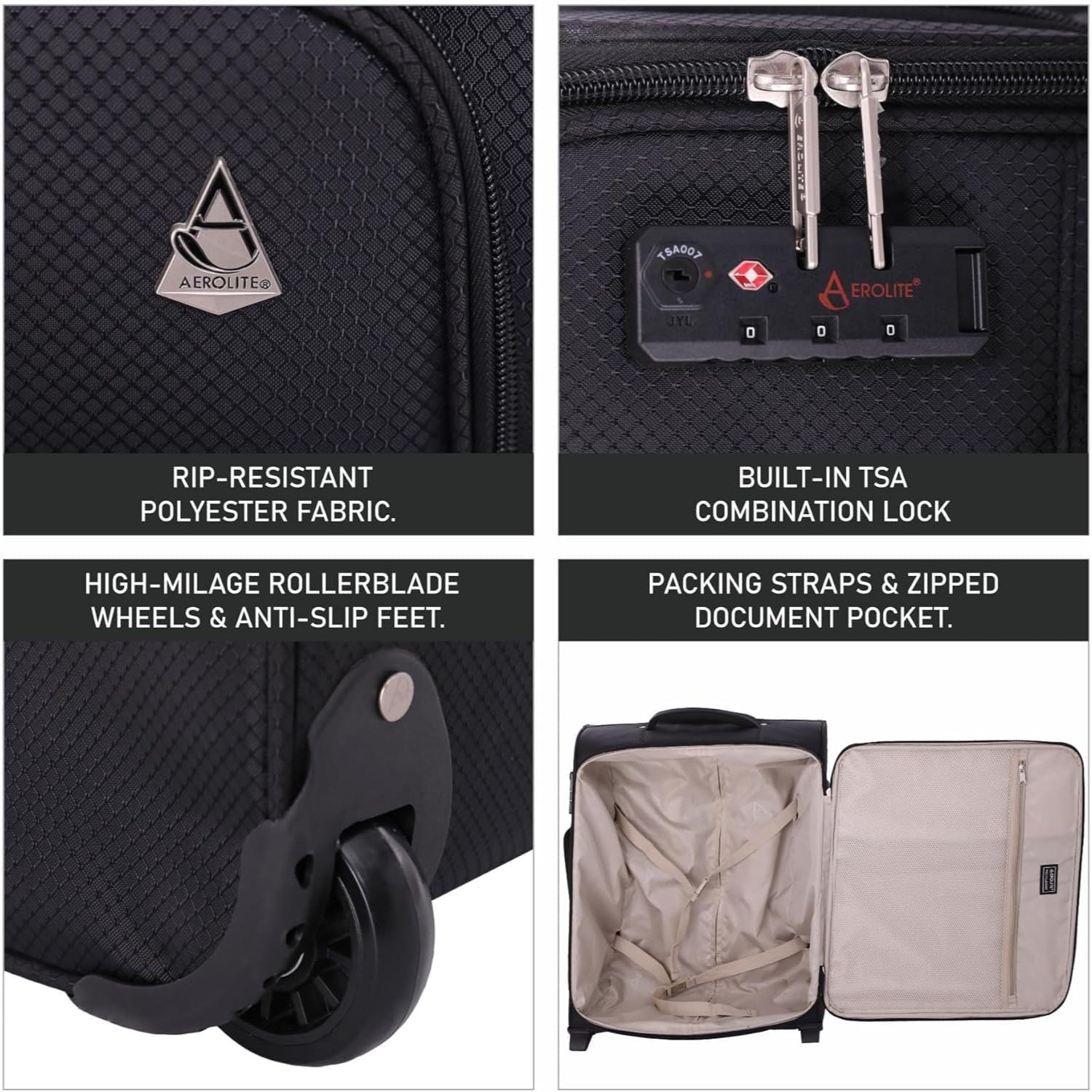 Aerolite 56x45x25cm easyJet Large Cabin, British Airways Jet2 Maximum Allowance Lightweight 2 Wheel Carry On Hand Cabin Luggage Bag Suitcase 56x45x25 with TSA Approved Lock Black (Set of 2) - Aerolite UK