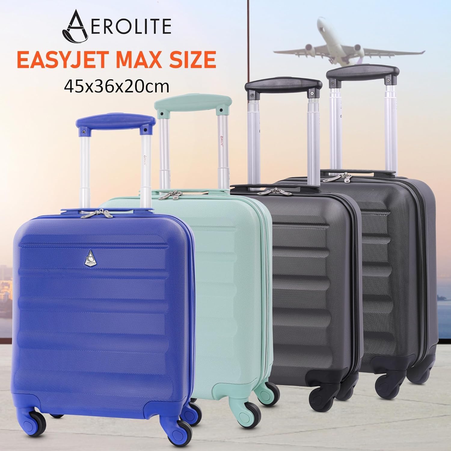 Aerolite 45x36x20cm easyJet Maximum Size Hard Shell Carry On Hand Cabin Luggage Underseat Flight Suitcase with 4 Wheels - Aerolite UK