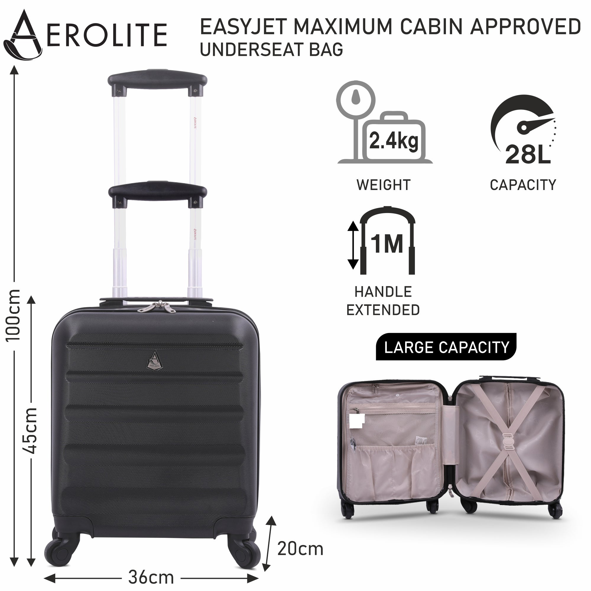 Aerolite 45x36x20cm easyJet Maximum Size Hard Shell Carry On Hand Cabin Luggage Underseat Flight Suitcase with 4 Wheels - Aerolite UK