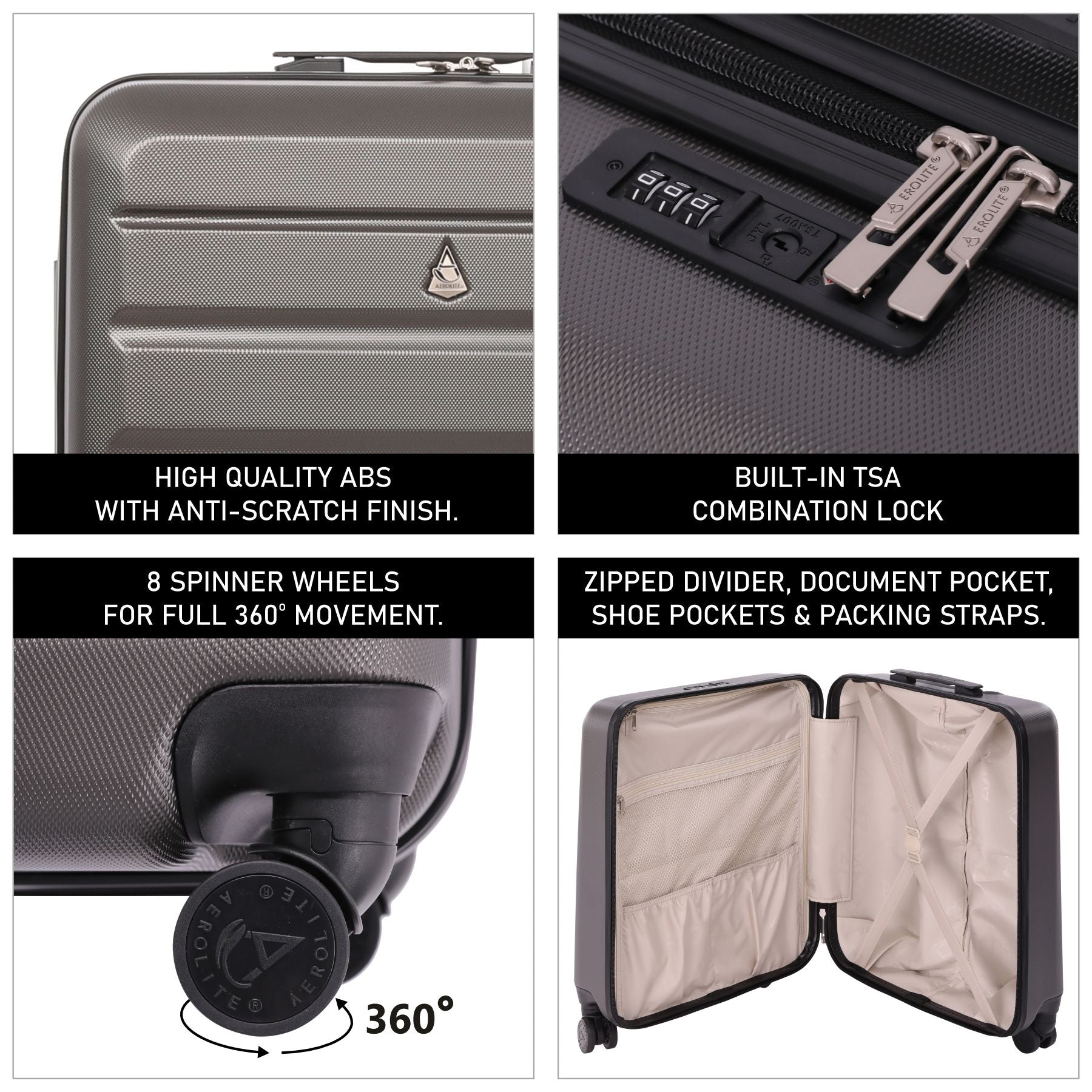 Aerolite suitcase features: TSA lock, 360 wheels