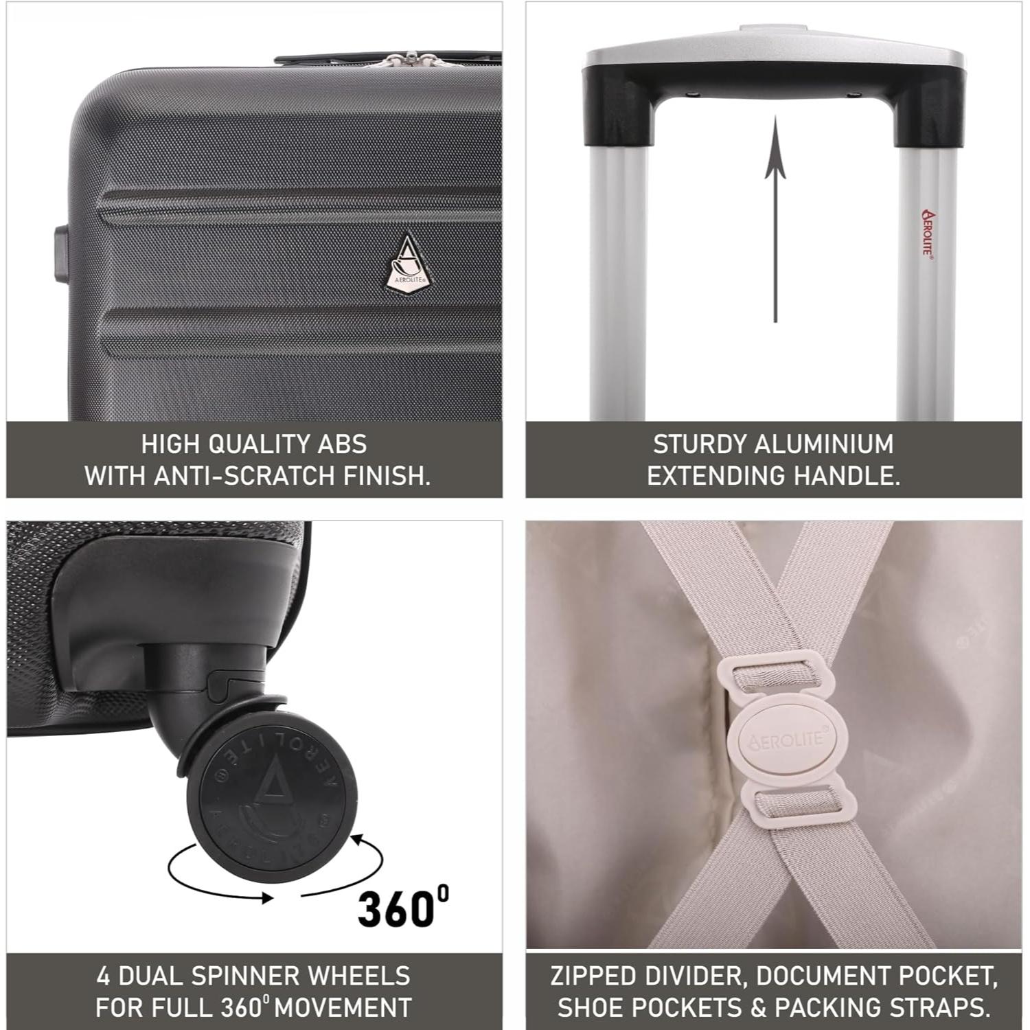 Close-up of black Aerolite suitcase details and features