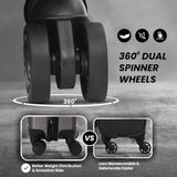 360° dual spinner wheels feature of black Aerolite suitcase