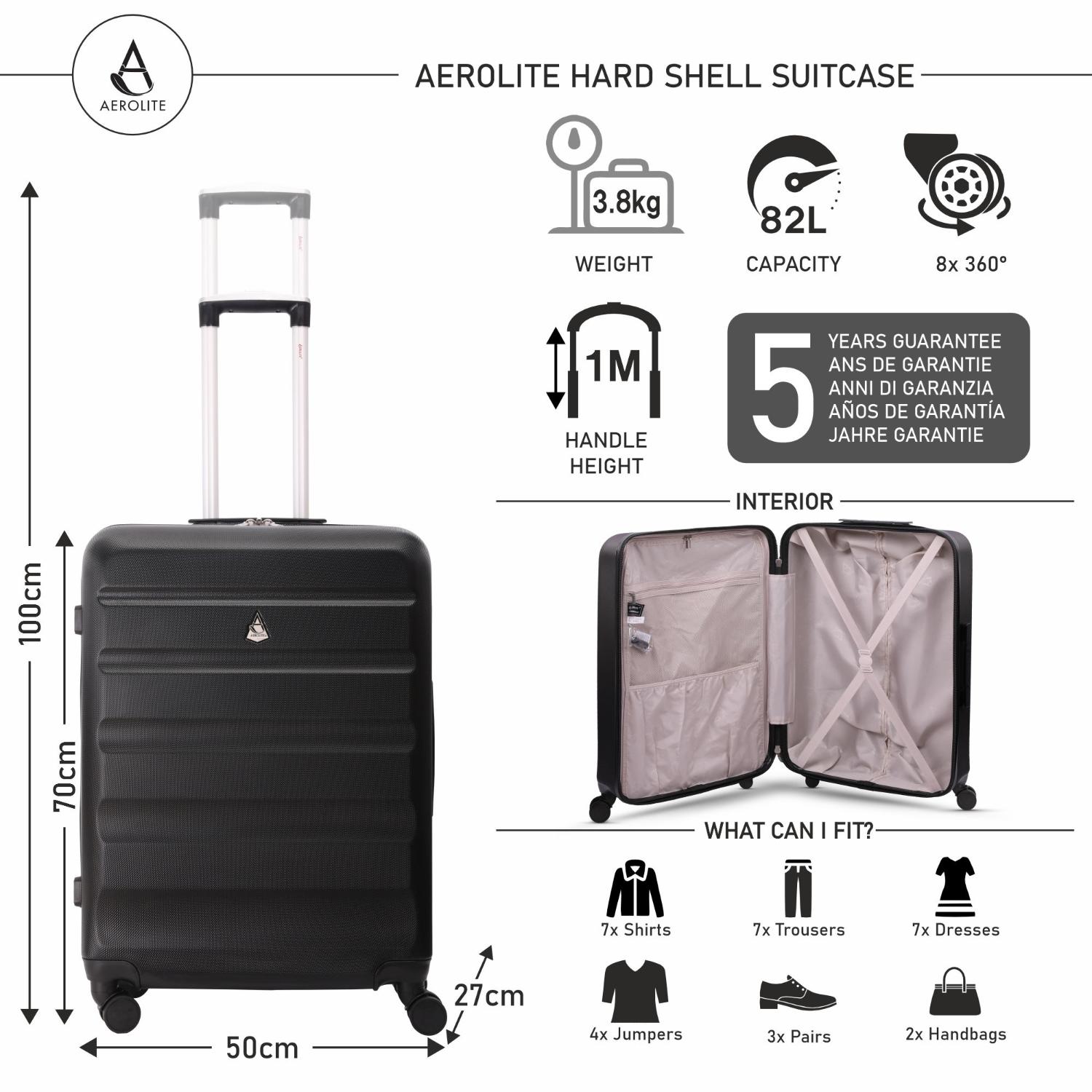 Black Aerolite suitcase features and dimensions infographic