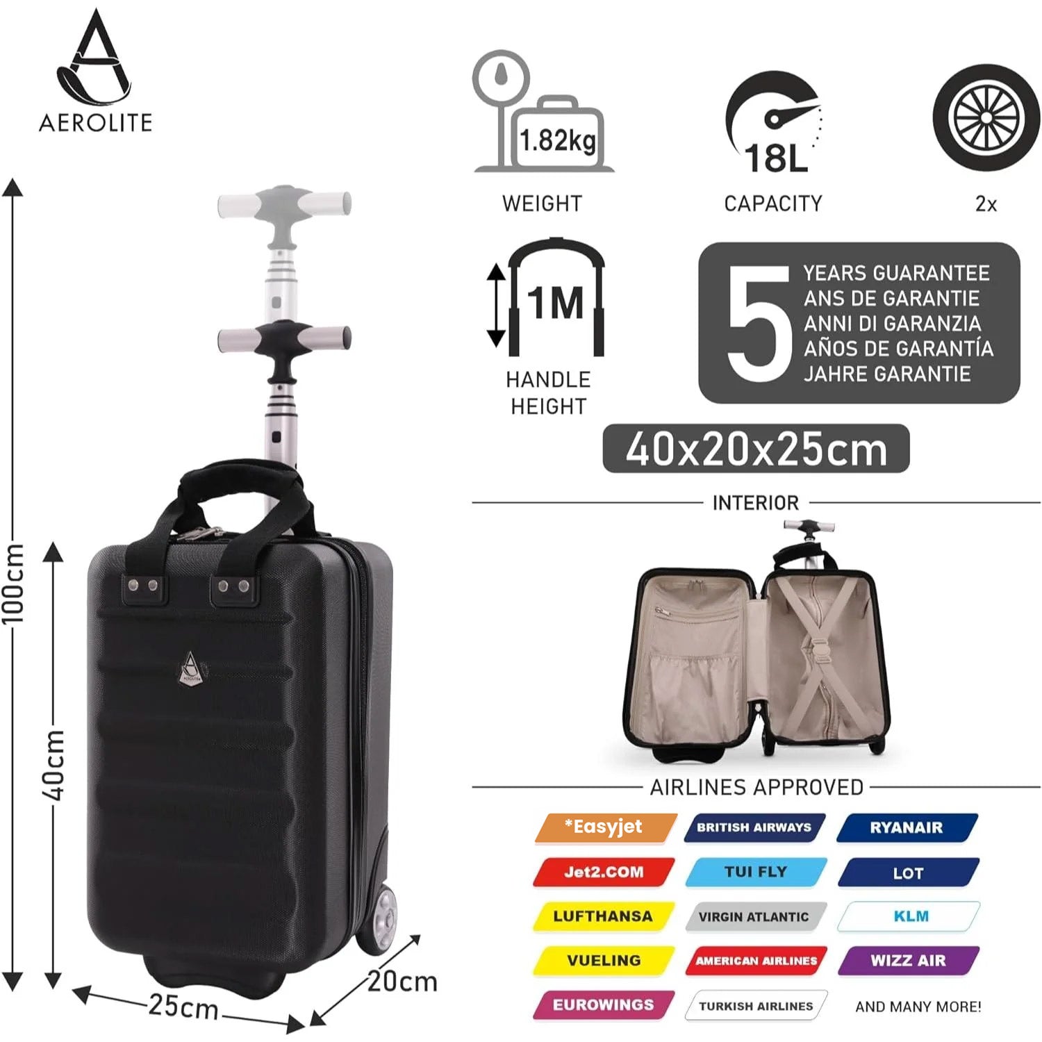 Aerolite 40x20x25cm Approved for Ryanair Under Seat Lightweight Eco Friendly Hard Shell Carry On Hand Cabin Luggage Travel Suitcase with 2 Wheels and TSA Approved Lock Black