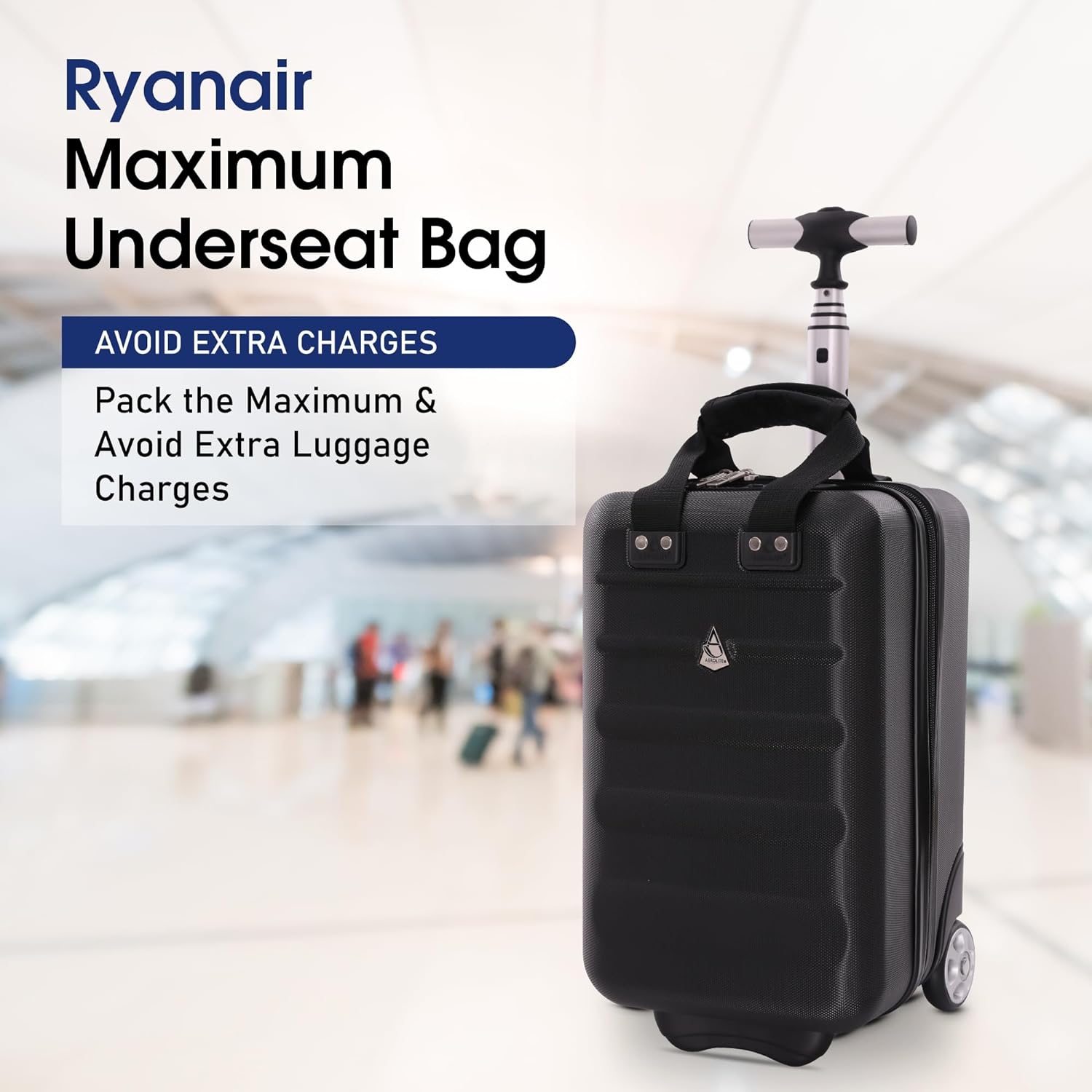 Aerolite 40x20x25cm Ryanair Maximum Under Seat Lightweight Eco Friendly Hard Shell Carry On Hand Cabin Luggage Travel Suitcase Cabin Bags 40x20x25 Underseat with 2 Wheels and TSA Approved Lock Black - Aerolite UK