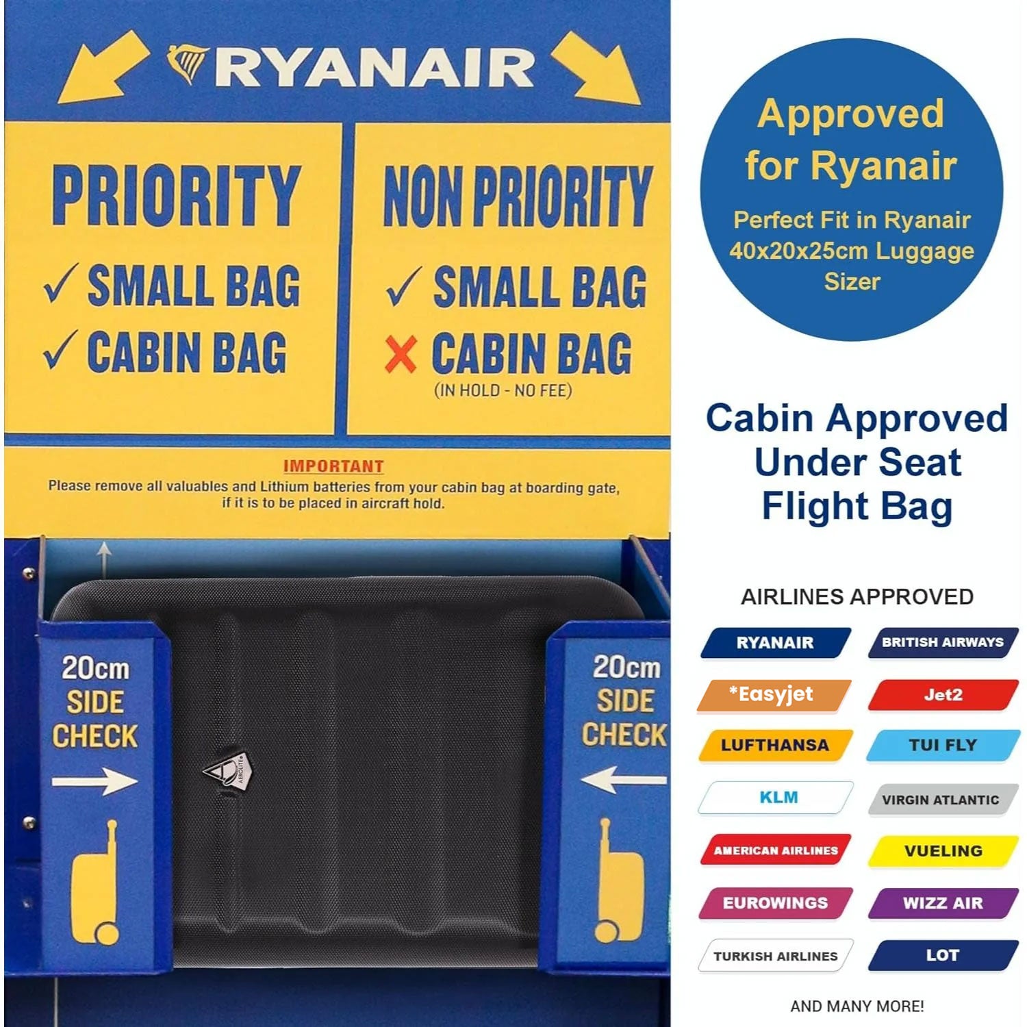 Aerolite 40x20x25cm Approved for Ryanair Under Seat Lightweight Eco Friendly Hard Shell Carry On Hand Cabin Luggage Travel Suitcase with 2 Wheels and TSA Approved Lock Black