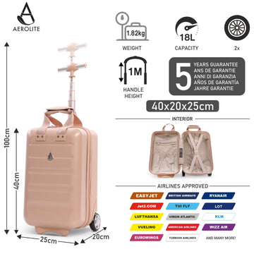 Aerolite Ryanair Approved Cabin Bag 40x20x25cm – Lightweight 2-Wheel Hard Shell Underseat Trolley with TSA Lock – Eco-Friendly Interior – Beige
