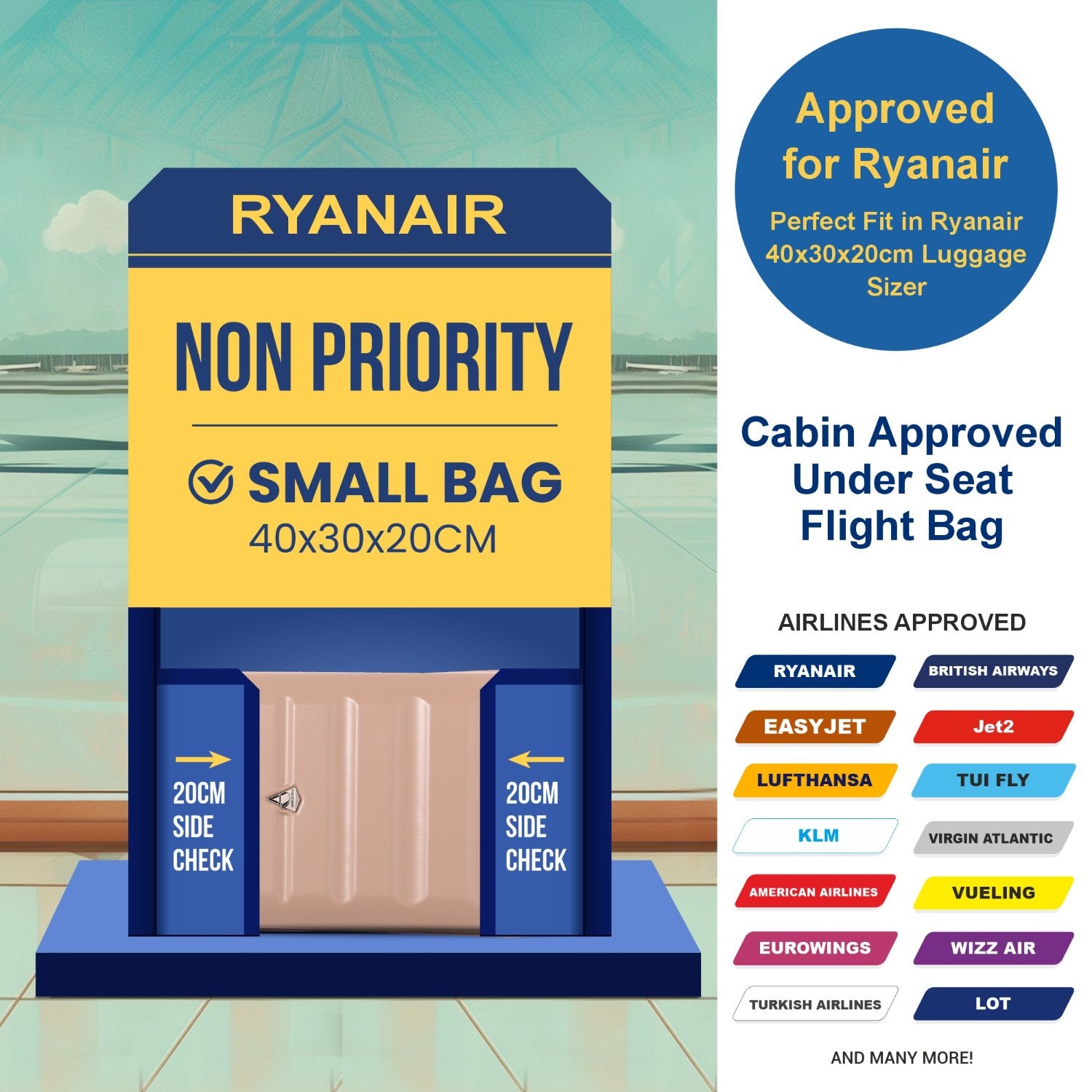 Aerolite Ryanair Approved Cabin Bag 40x20x25cm – Lightweight 2-Wheel Hard Shell Underseat Trolley with TSA Lock – Eco-Friendly Interior – Beige