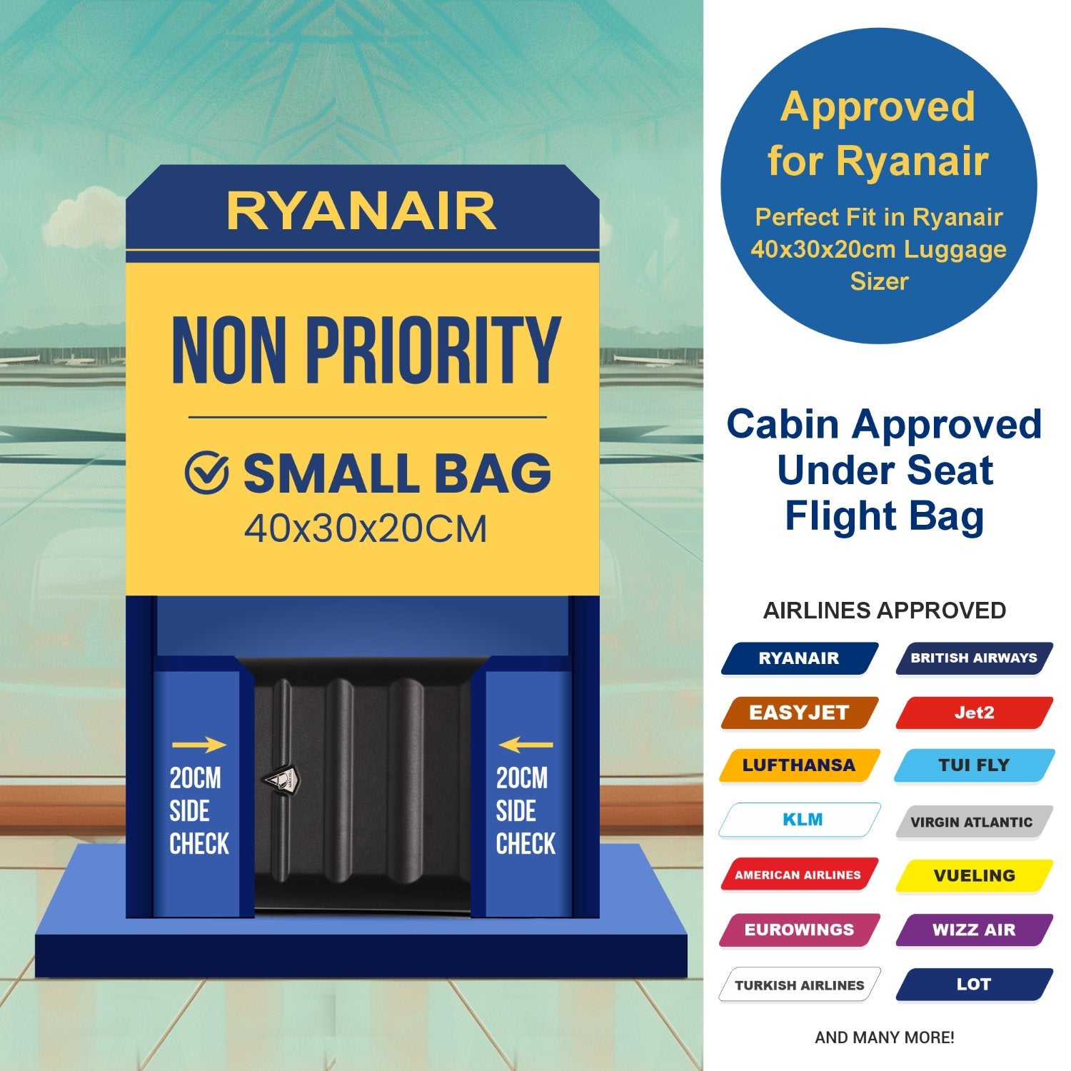 Aerolite Ryanair Approved Cabin Bag 40x20x25cm– Lightweight 2-Wheel Hard Shell Underseat Trolley with TSA Lock – Eco-Friendly Interior – Black
