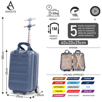 Aerolite Ryanair Approved Cabin Bag 40x20x25cm – Lightweight 2-Wheel Hard Shell Underseat Trolley with TSA Lock – Eco-Friendly Interior – Blue
