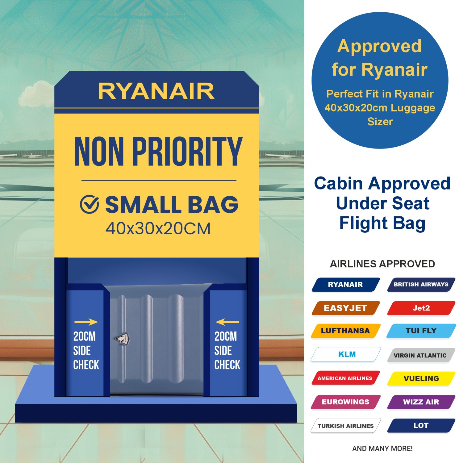 Aerolite Ryanair Approved Cabin Bag 40x20x25cm – Lightweight 2-Wheel Hard Shell Underseat Trolley with TSA Lock – Eco-Friendly Interior – Blue