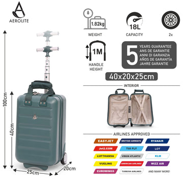 Aerolite Ryanair Approved Cabin Bag 40x20x25cm– Lightweight 2-Wheel Hard Shell Underseat Trolley with TSA Lock – Eco-Friendly Interior – Forest Green