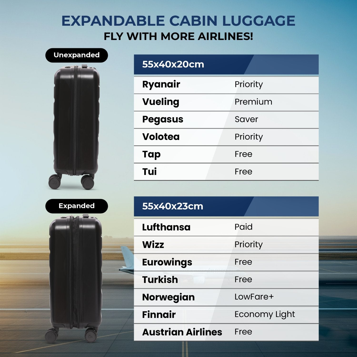 Aerolite Expandable 55x40x20cm to 55x40x23cm Ryanair Priority, Wizz Air Priority, Lufthansa Max Size Lightweight Hard Shell Carry On Hand Cabin Luggage Suitcase with 4 Wheels (BLACK)