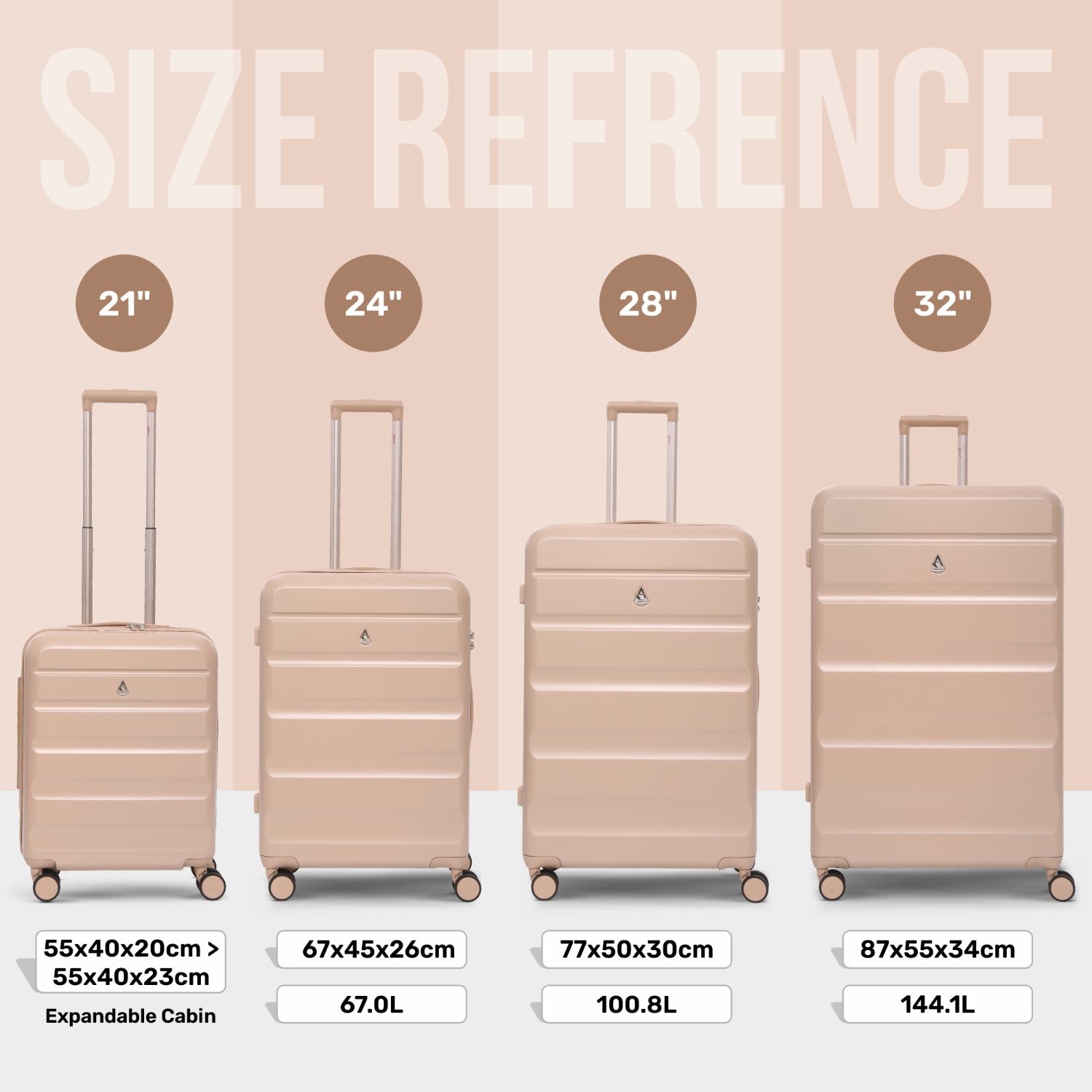 Aerolite 4-Piece ABS Lightweight Luggage Set – Expandable Cabin, Medium, Large & XL Hard Shell Suitcases with Spinner Wheels & TSA Lock – Beige