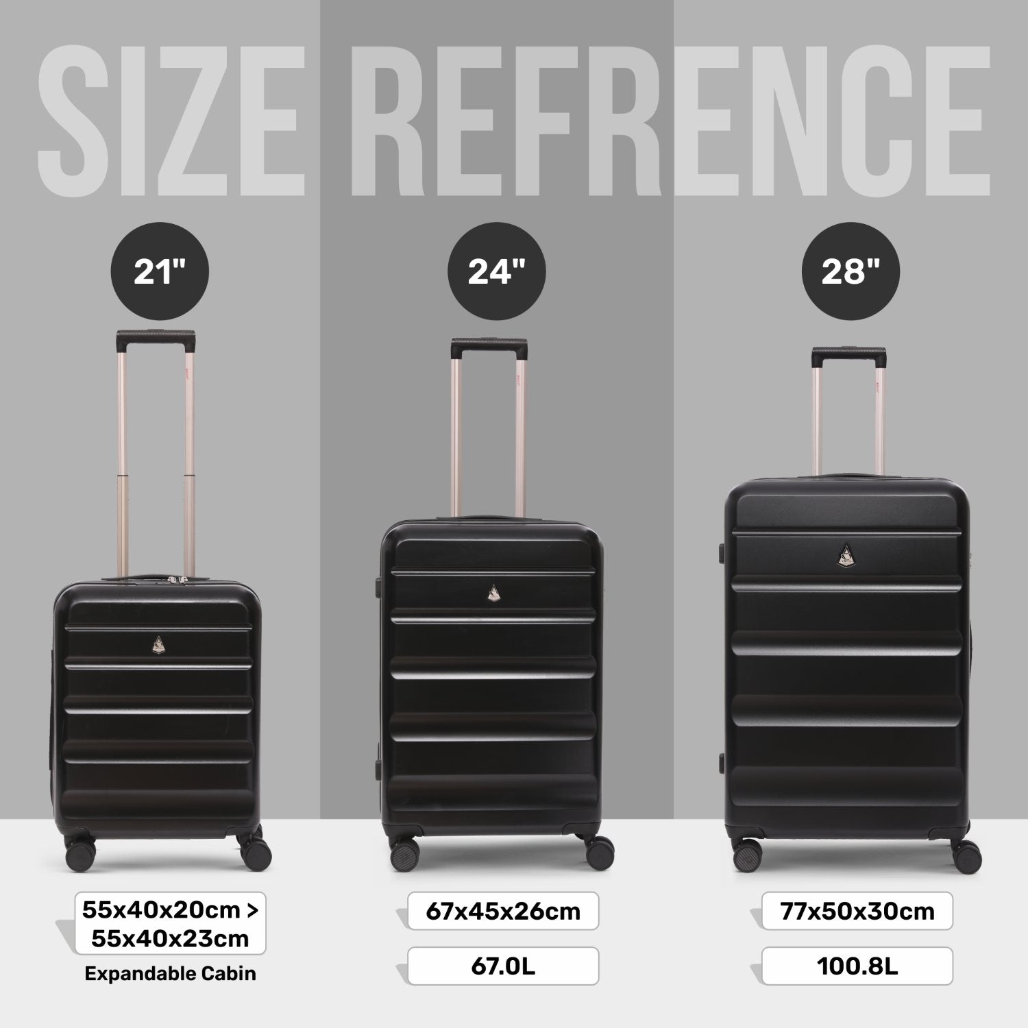 Aerolite 3-Piece Luggage Set – Lightweight Hard Shell Suitcases with 4 Dual Spinner Wheels & TSA Lock – Expandable Cabin (21”), Medium (24”), Large (28”) – Expandable Carry-On Case Included – Black