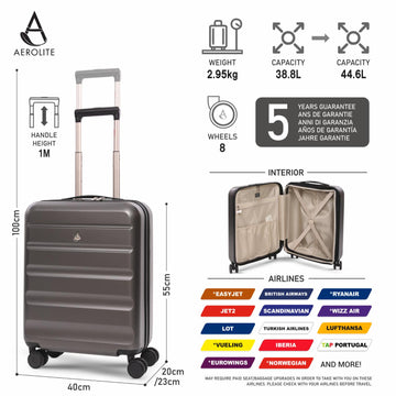 Aerolite Expandable 55x40x20cm to 55x40x23cm Ryanair Priority, Wizz Air Priority, Lufthansa Max Size Lightweight Hard Shell Carry On Hand Cabin Luggage Suitcase with 4 Wheels (CHARCOAL)