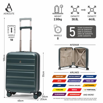 Aerolite Expandable 55x40x20cm to 55x40x23cm Ryanair Priority, Wizz Air Priority, Lufthansa Max Size Lightweight Hard Shell Carry On Hand Cabin Luggage Suitcase with 4 Wheels (FOREST GREEN)