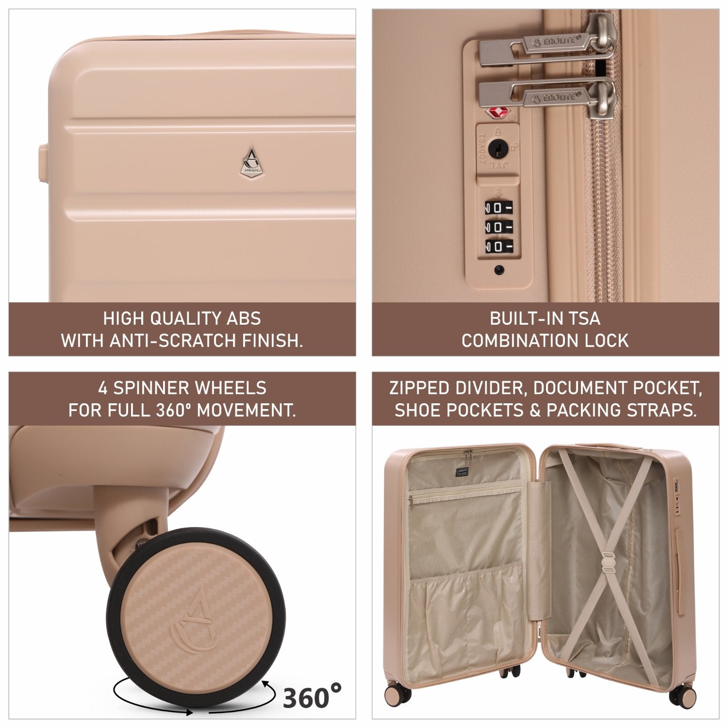 Aerolite 24” Medium 67L ABS Check-In Suitcase – Lightweight Hard Shell Luggage with 4 Spinner Wheels, TSA Lock & Organised Interior – Beige