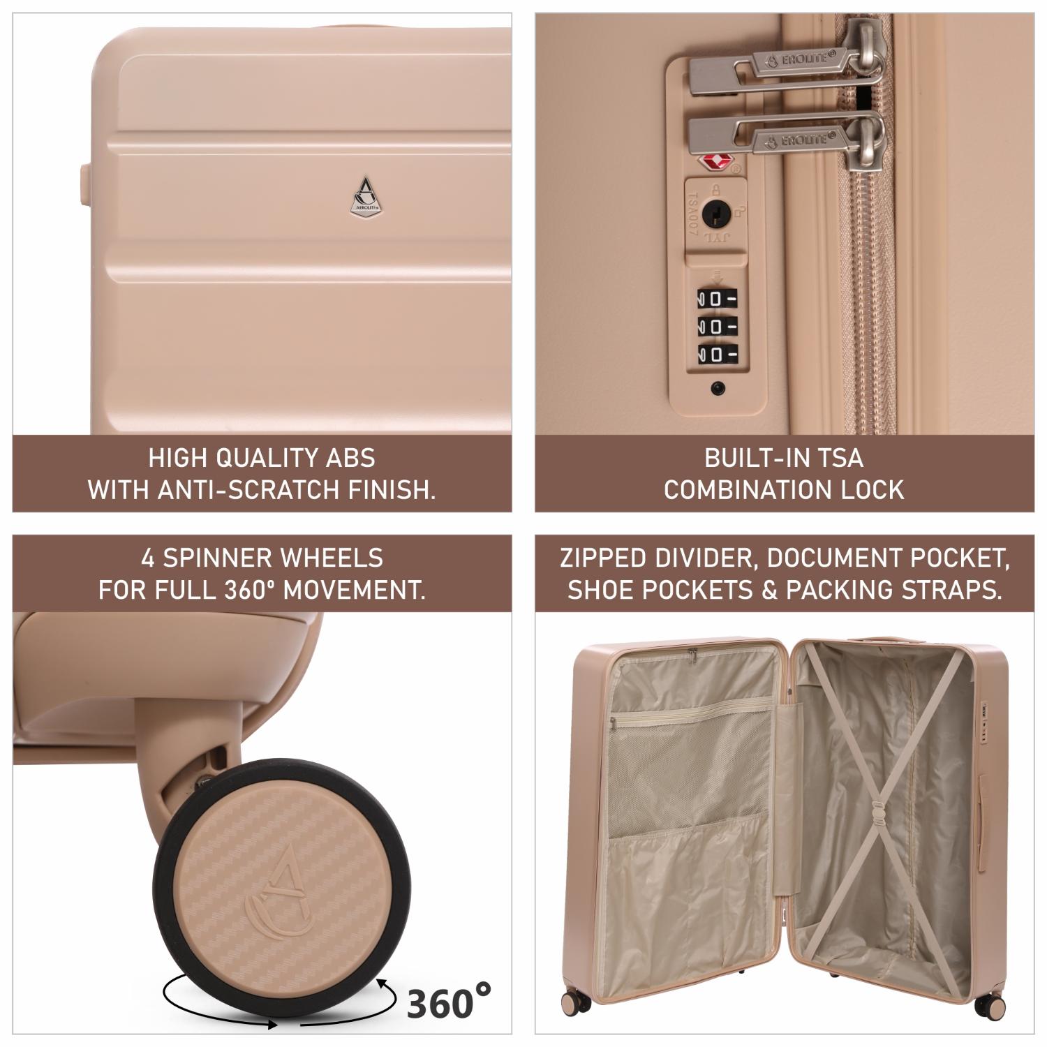 Aerolite 4-Piece ABS Lightweight Luggage Set – Expandable Cabin, Medium, Large & XL Hard Shell Suitcases with Spinner Wheels & TSA Lock – Beige