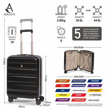 Aerolite Expandable 55x40x20cm to 55x40x23cm Ryanair Priority, Wizz Air Priority, Lufthansa Max Size Lightweight Hard Shell Carry On Hand Cabin Luggage Suitcase with 4 Wheels (BLACK)