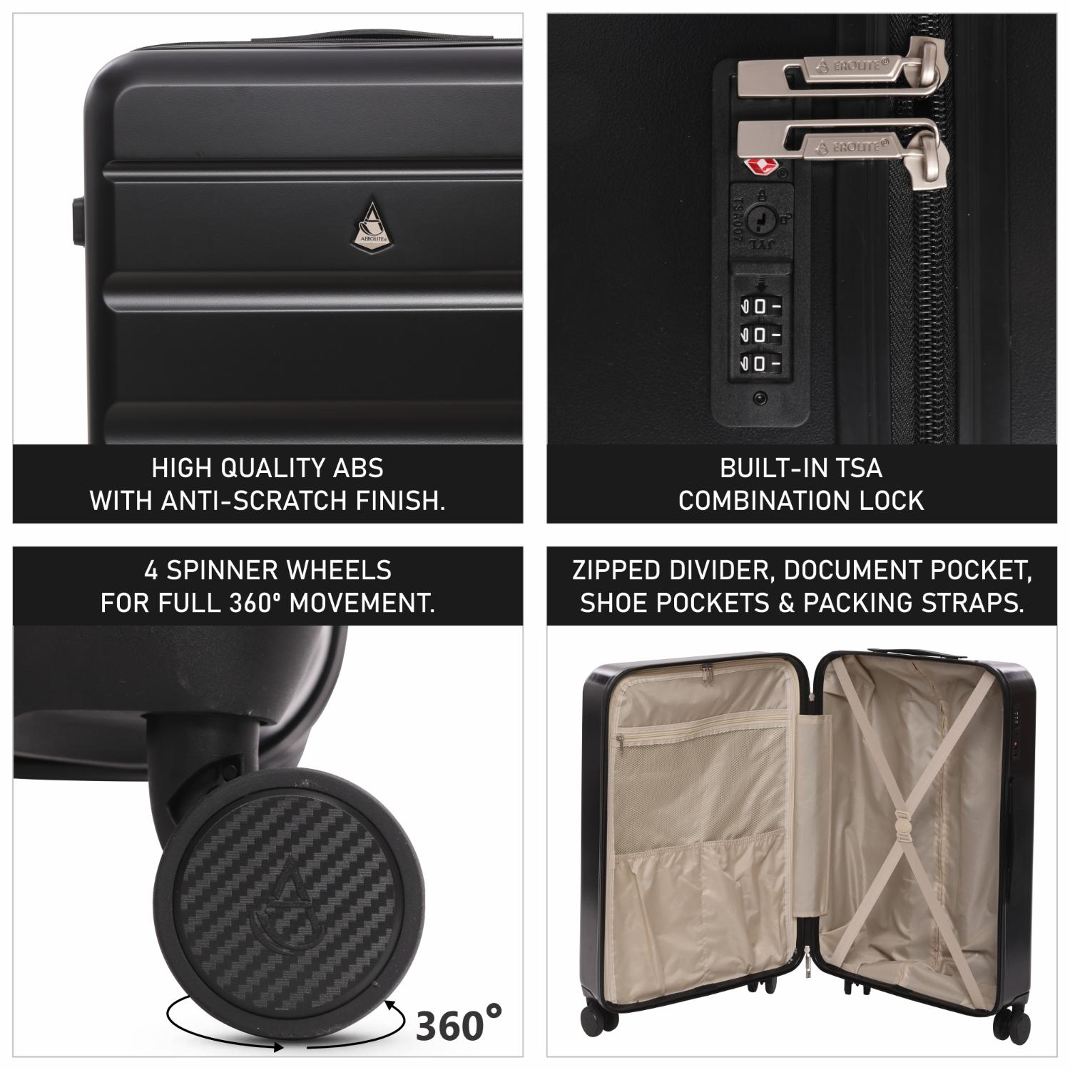 Aerolite 3-Piece Luggage Set – Lightweight Hard Shell Suitcases with 4 Dual Spinner Wheels & TSA Lock – Expandable Cabin (21”), Medium (24”), Large (28”) – Expandable Carry-On Case Included – Black