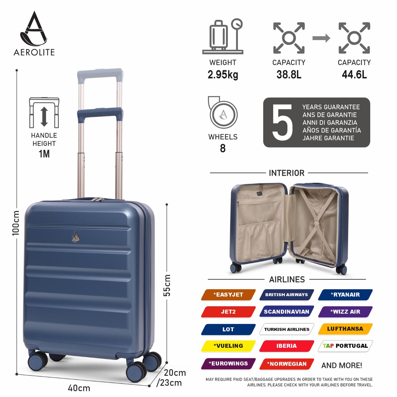 Aerolite Expandable 55x40x20cm to 55x40x23cm Ryanair Priority, Wizz Air Priority, Lufthansa Max Size Lightweight Hard Shell Carry On Hand Cabin Luggage Suitcase with 4 Wheels (BLUE)