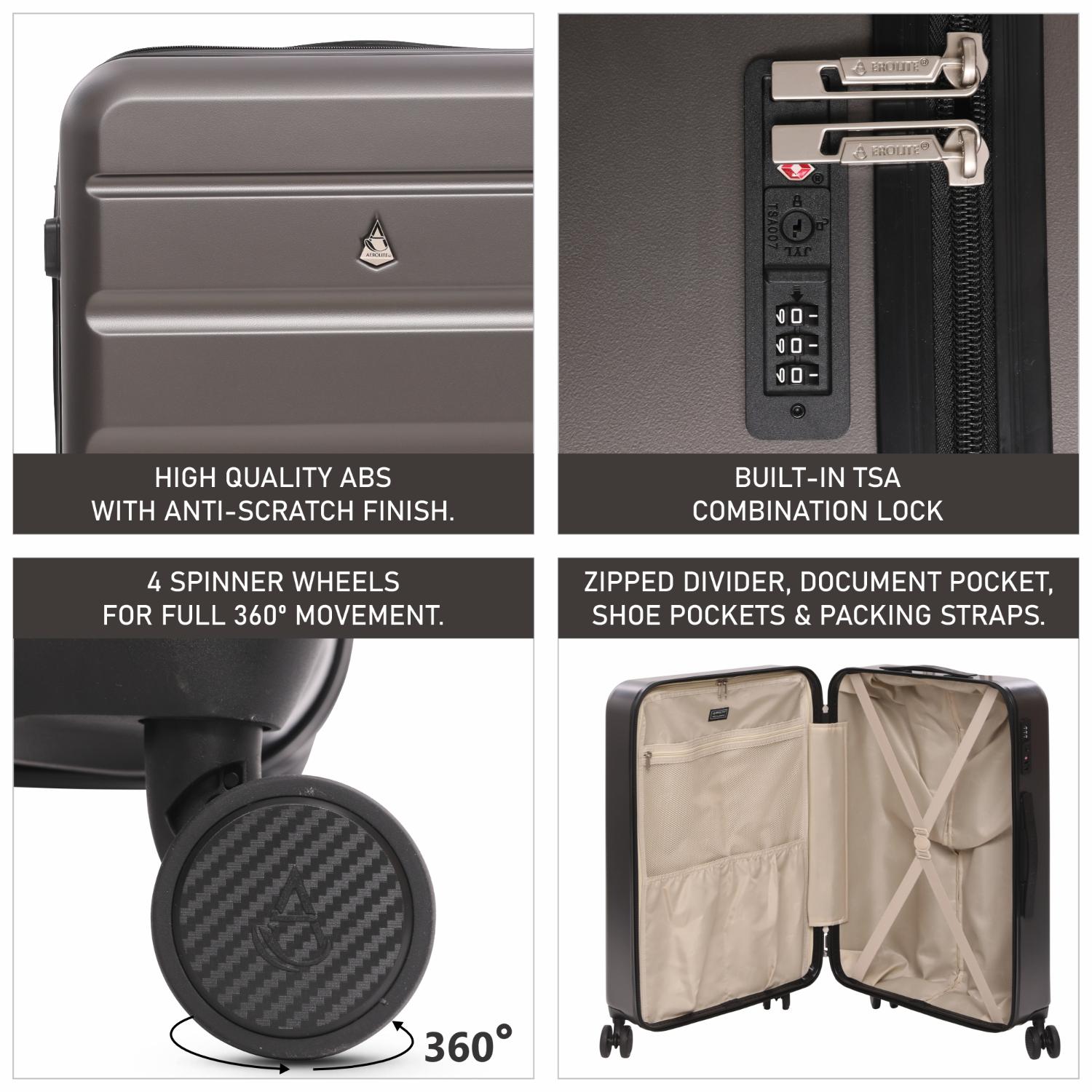 Aerolite 24” Medium 67L ABS Check-In Suitcase – Lightweight Hard Shell Luggage with 4 Spinner Wheels, TSA Lock & Organised Interior – Charcoal