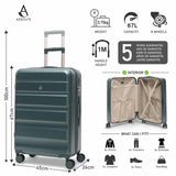 Green suitcase Aerolite and specifications displayed on a white background