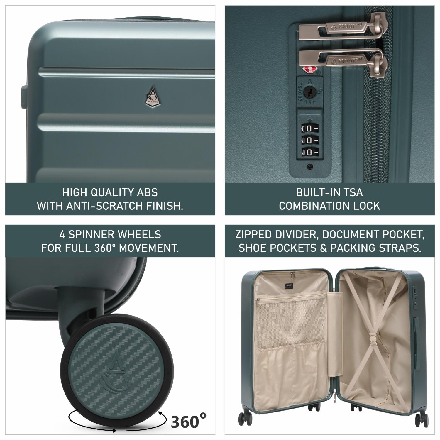 Aerolite 3-Piece Luggage Set – Lightweight Hard Shell Suitcases with 4 Dual Spinner Wheels & TSA Lock – Expandable Cabin (21”), Medium (24”), Large (28”) – Expandable Carry-On Case Included – Forest Green