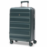 Green suitcase with wheels on a white background