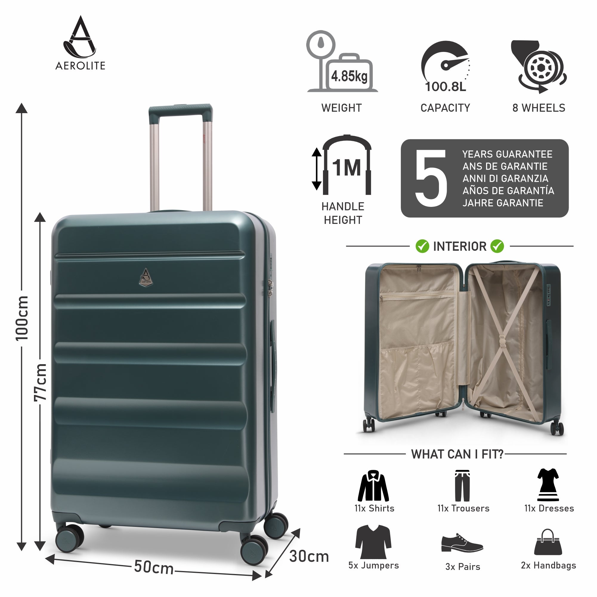 Aerolite Large 28" 100L Lightweight ABS Hard Shell Suitcase, 4 Dual Wheel Spinner, TSA Lock, Durable Check-In Hold Luggage - Forest Green