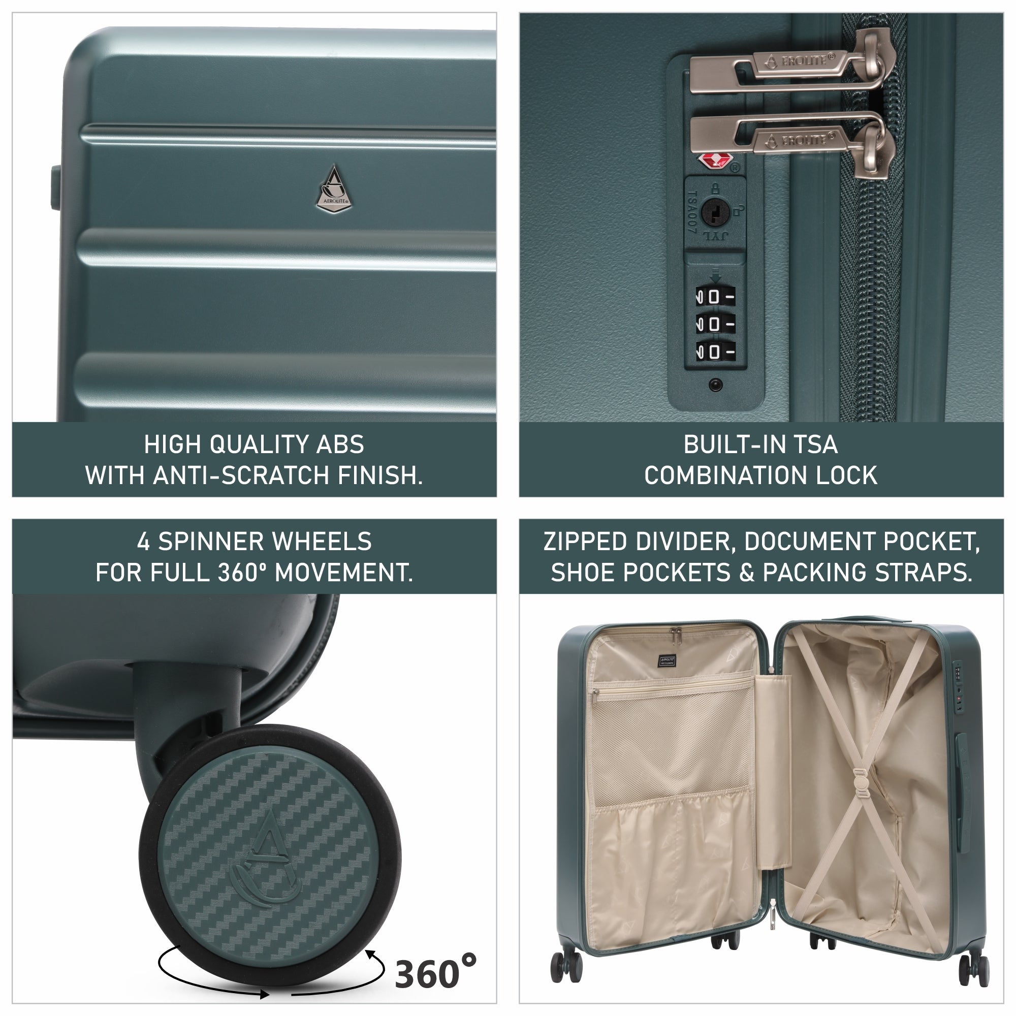 Aerolite Large 28" 100L Lightweight ABS Hard Shell Suitcase, 4 Dual Wheel Spinner, TSA Lock, Durable Check-In Hold Luggage - Forest Green