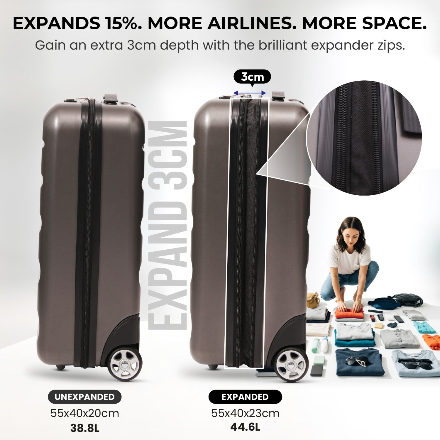 Aerolite Expandable Cabin Suitcase 55x40x20cm Ryanair Priority Max Size, Expands to 55x40x23cm for Lufthansa & Wizz Air Priority, Hard Shell 2-Wheel Carry-On Trolley with TSA Lock, 40–46L Capacity, Charcoal