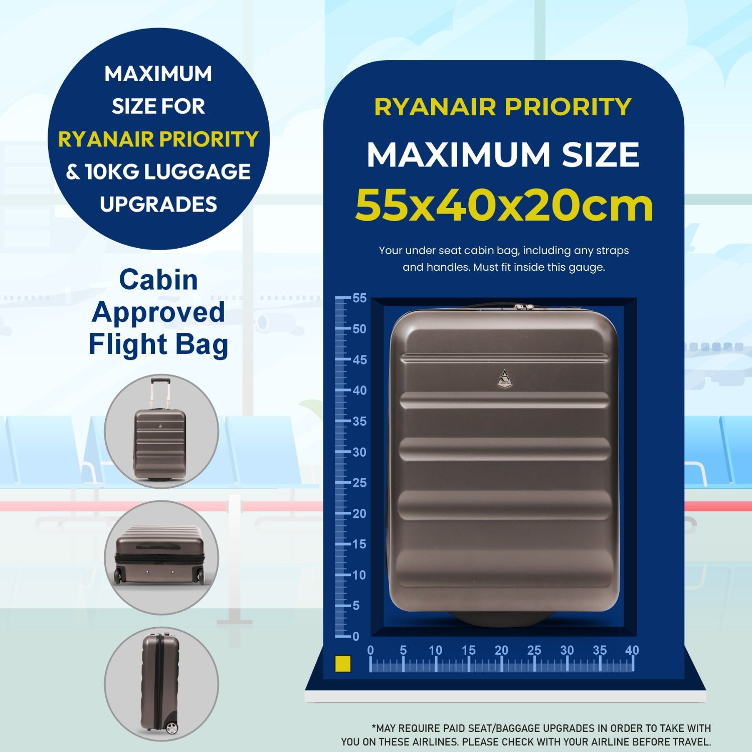 Aerolite Expandable Cabin Suitcase 55x40x20cm Ryanair Priority Max Size, Expands to 55x40x23cm for Lufthansa & Wizz Air Priority, Hard Shell 2-Wheel Carry-On Trolley with TSA Lock, 40–46L Capacity, Charcoal