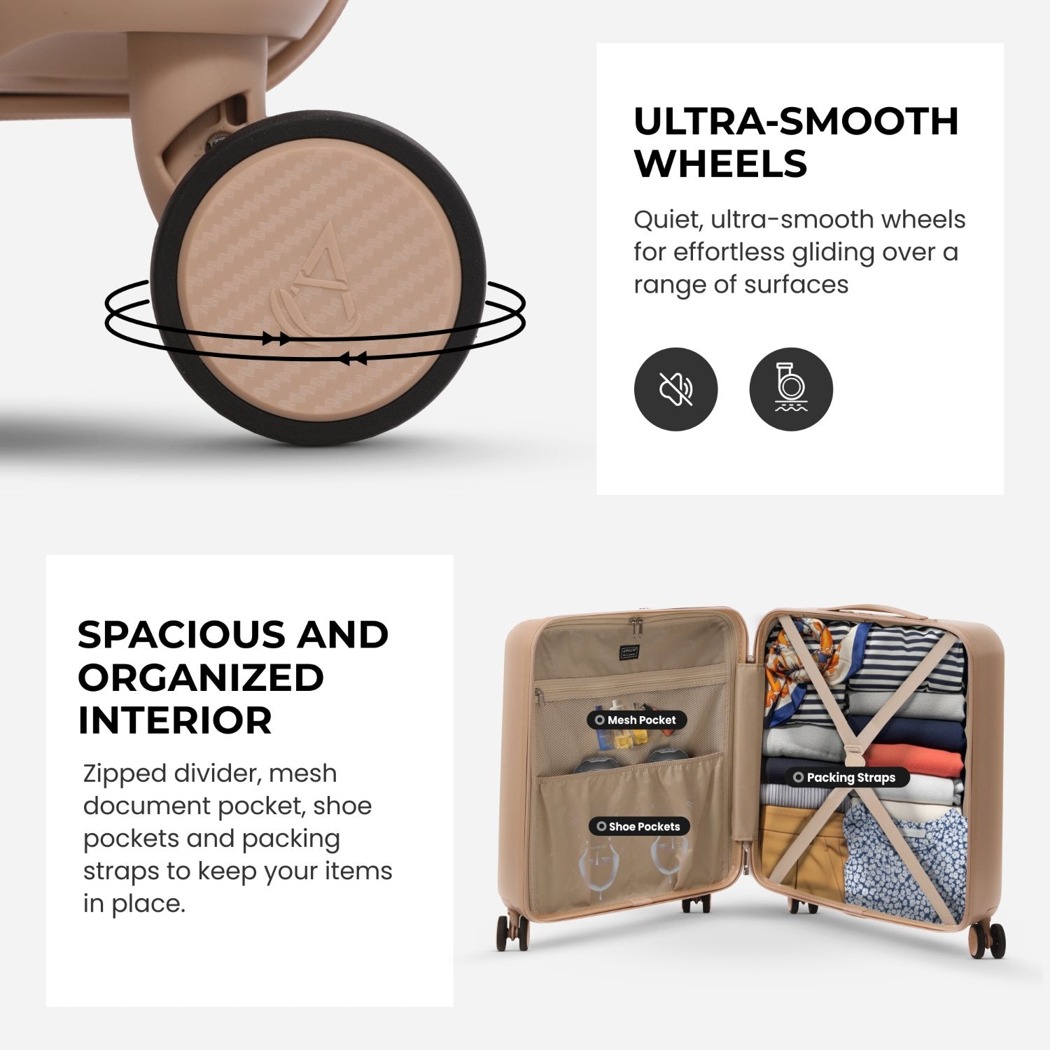 Aerolite 56x45x25cm Large Cabin Bag – Easyjet Large Cabin/Plus/Flexi, British Airways & Jet2 Maximum Cabin Luggage Size, Lightweight Hard Shell Suitcase with 8 Spinner Wheels, TSA Lock, 56L Capacity, 5-Year Warranty, Beige (Set of 2)