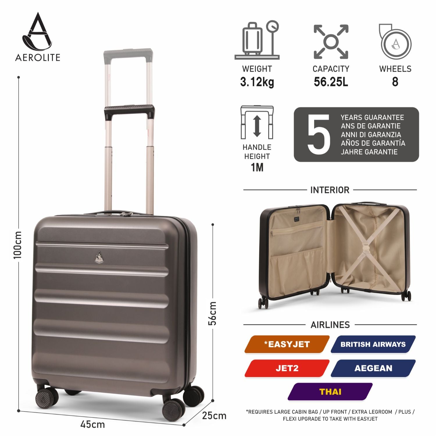 Aerolite 56x45x25cm Large Cabin Bag – Easyjet Large Cabin/Plus/Flexi, British Airways & Jet2 Maximum Cabin Luggage Size, Lightweight Hard Shell Suitcase with 8 Spinner Wheels, TSA Lock, 56L Capacity, 5-Year Warranty, Charcoal (Set of 2)