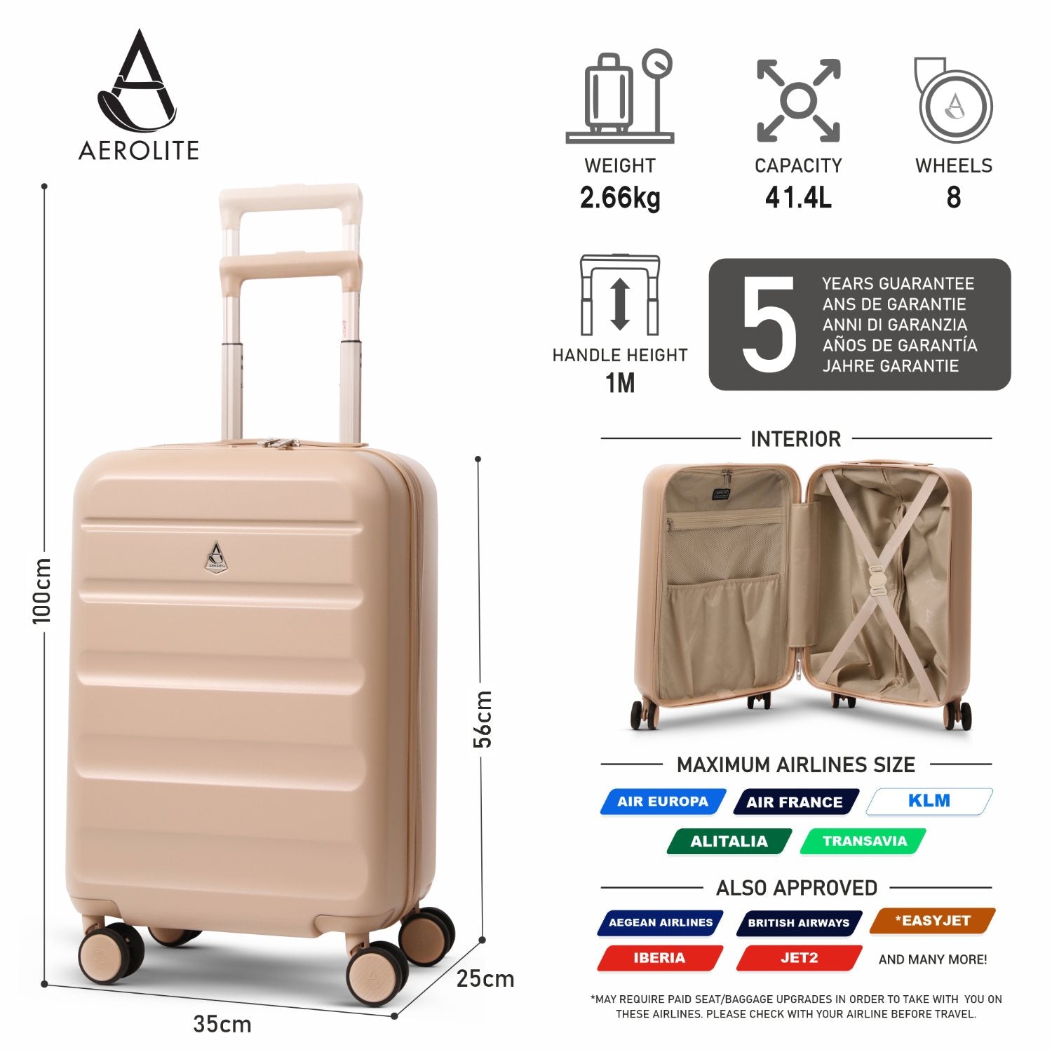 Aerolite 55x35x25cm Hard Shell Carry On Hand Cabin Luggage Suitcase with 4 Spinner Wheels & TSA Lock – Max Size Cabin Bag for Air Europa, Air France, ITA Airways, KLM & Transavia - Beige