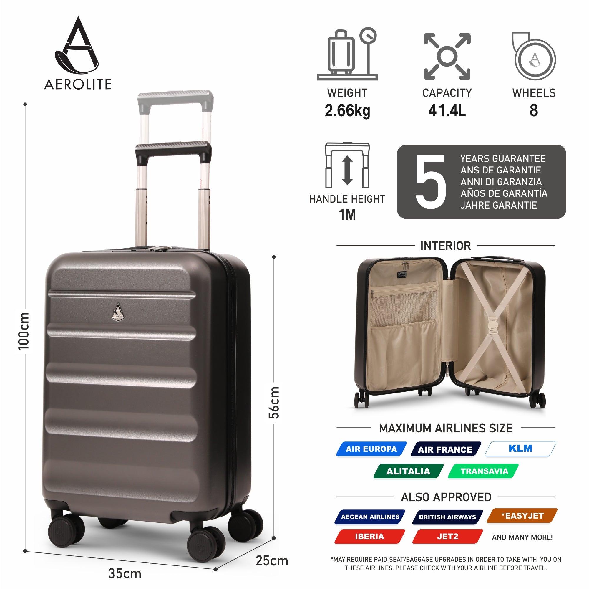 Aerolite 55x35x25cm Hard Shell Carry On Hand Cabin Luggage Suitcase with 4 Spinner Wheels & TSA Lock – Max Size Cabin Bag for Air Europa, Air France, ITA Airways, KLM & Transavia - Charcoal