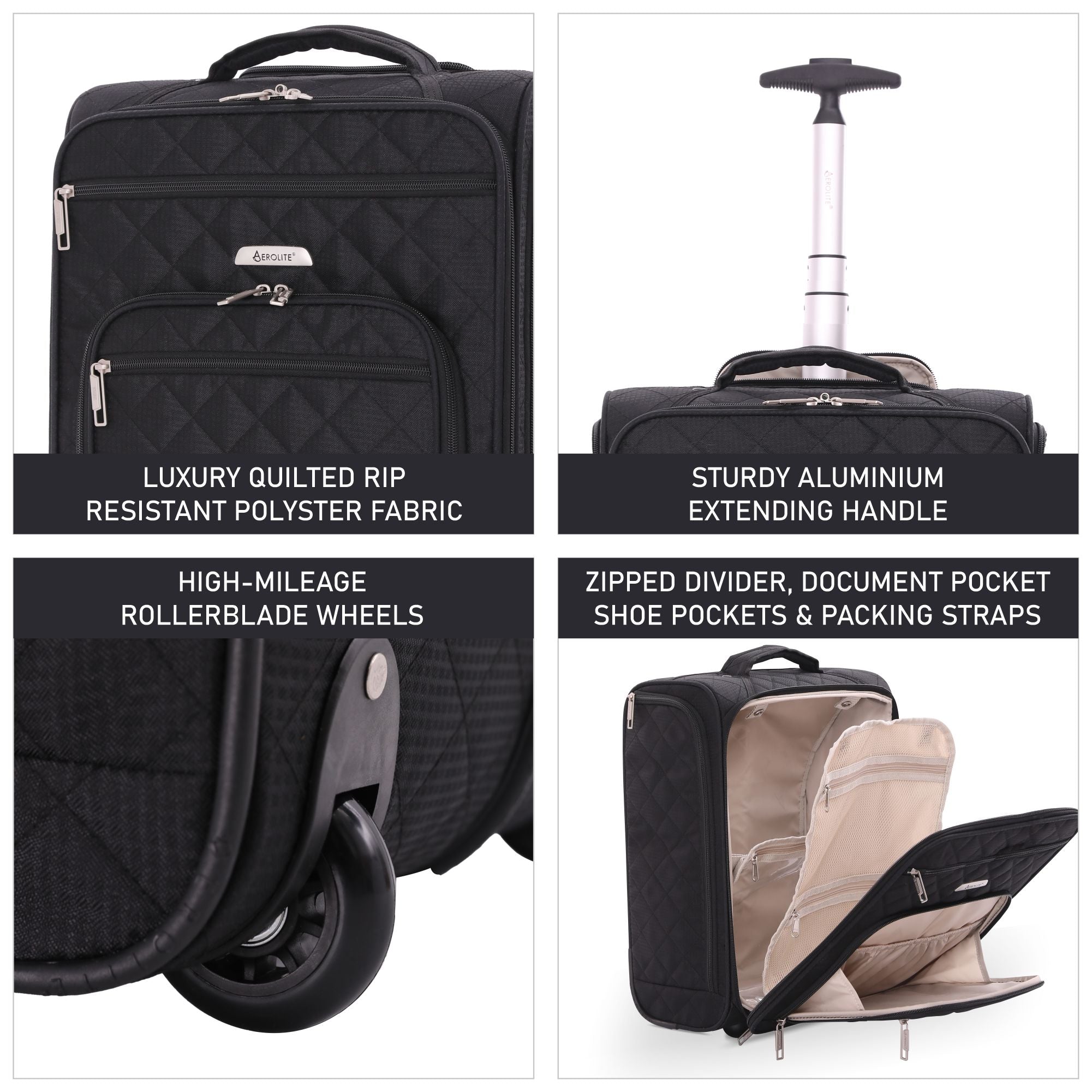 Aerolite cabin luggage showcasing quilted polyester fabric, rollerblade wheels, extending handle, and organized interior compartments.