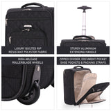 Aerolite cabin luggage showcasing quilted polyester fabric, rollerblade wheels, extending handle, and organized interior compartments.