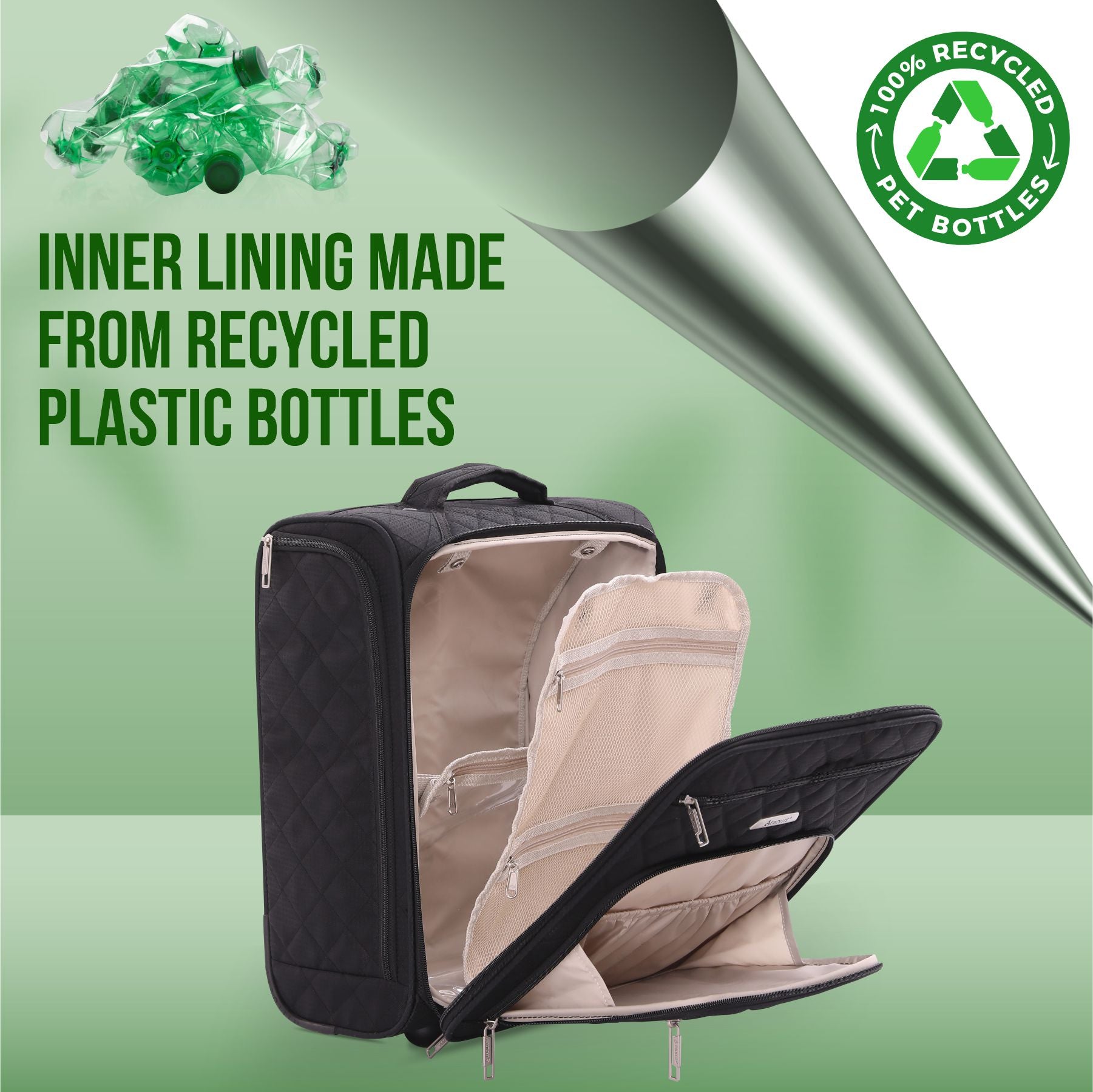 Aerolite cabin trolley bag with eco-friendly inner lining made from recycled plastic bottles, featuring spacious compartments.