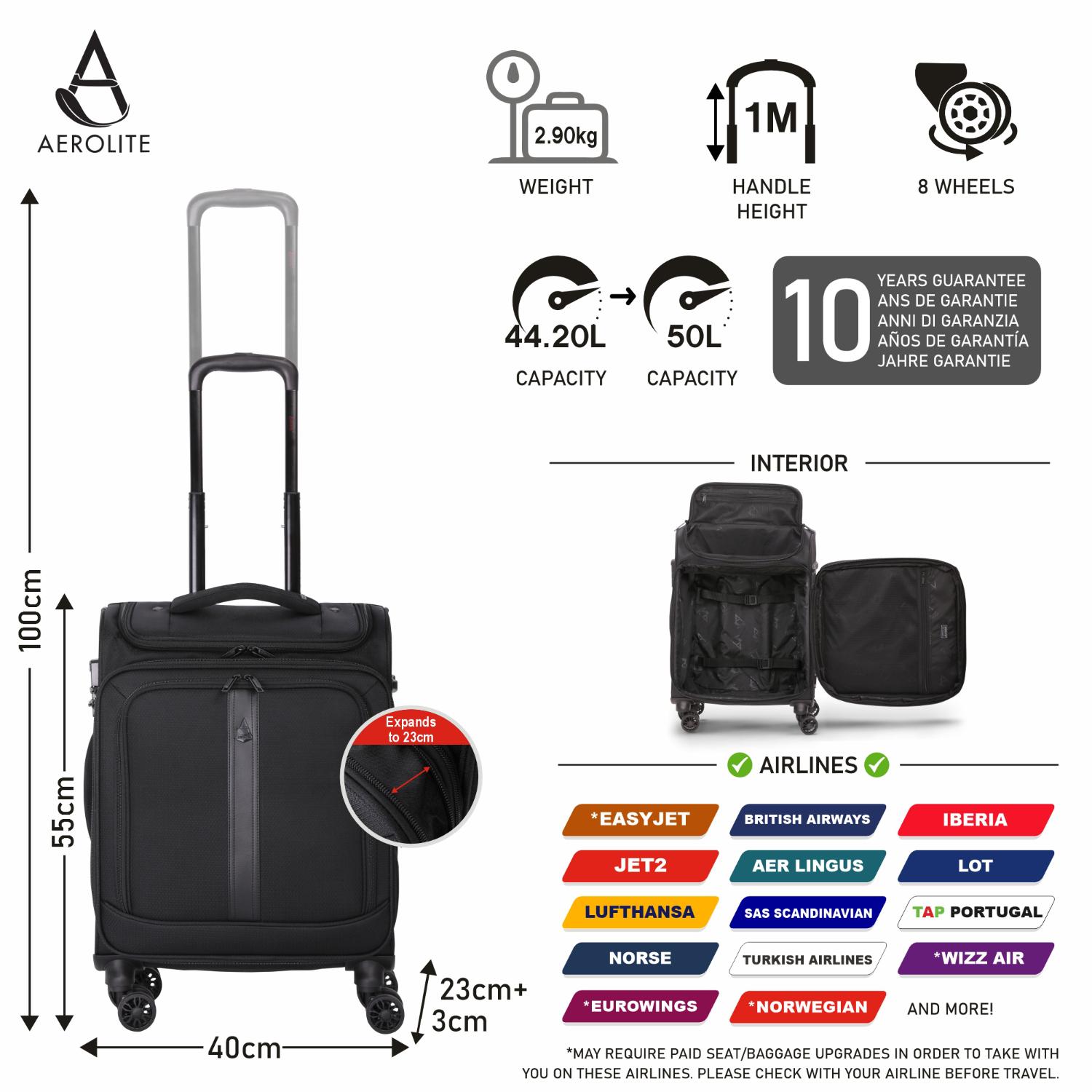 Aerolite Expandable Premium Cabin Suitcase 55x40x23cm to 55x40x26cm – Max Size for Wizz Air Priority, Lufthansa, Eurowings, Norwegian – Lightweight 4-Wheel Carry On Hand Luggage, 50L, Black