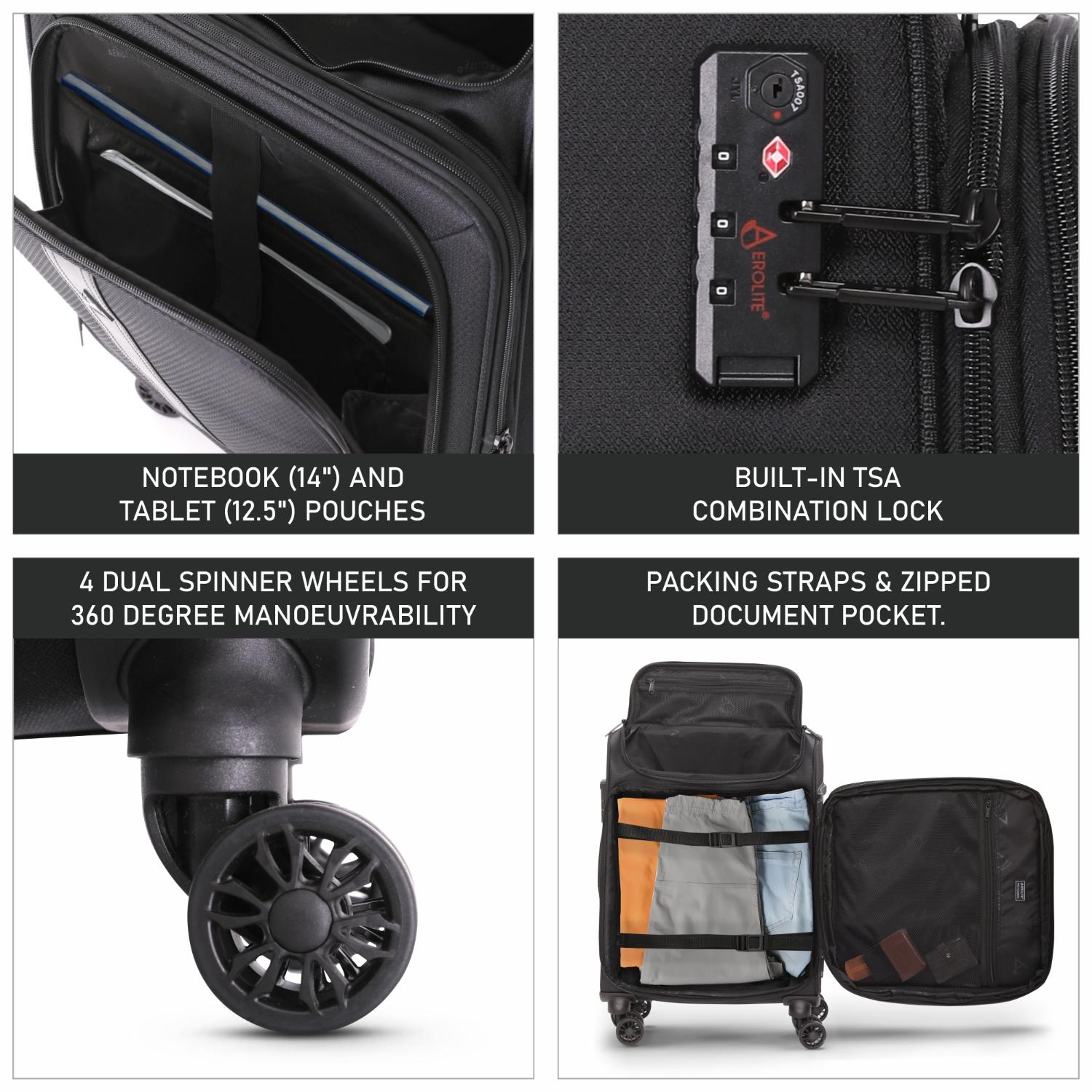 Aerolite Expandable Premium Cabin Suitcase 55x40x23cm to 55x40x26cm – Max Size for Wizz Air Priority, Lufthansa, Eurowings, Norwegian – Lightweight 4-Wheel Carry On Hand Luggage, 50L, Black