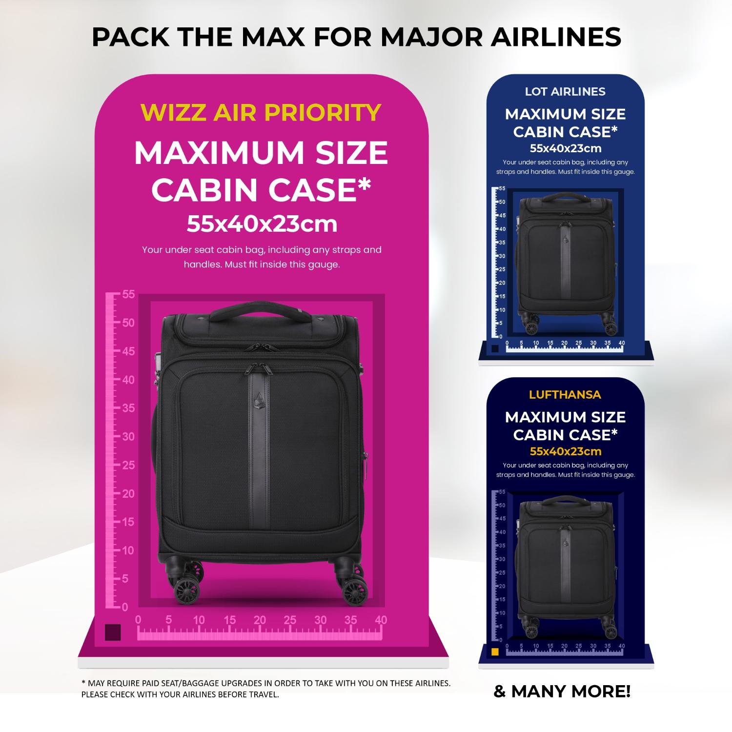 Aerolite Expandable Premium Cabin Suitcase 55x40x23cm to 55x40x26cm – Max Size for Wizz Air Priority, Lufthansa, Eurowings, Norwegian – Lightweight 4-Wheel Carry On Hand Luggage, 50L, Black