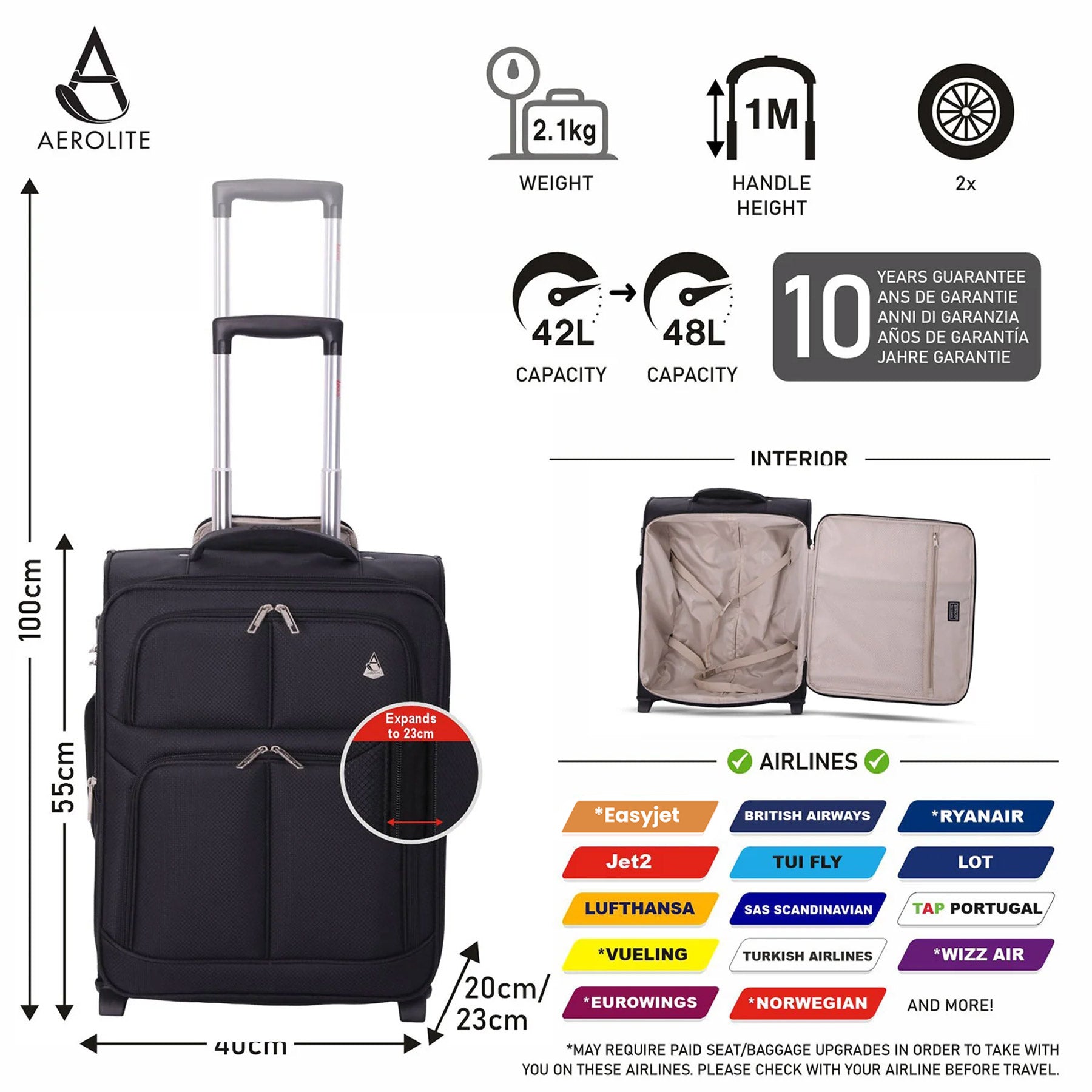 Aerolite Wizz Air Max Cabin Bundle – Expandable 55x40x23cm Suitcase + 40x30x20cm Underseat Holdall - Lightweight, Eco-Friendly Travel Set