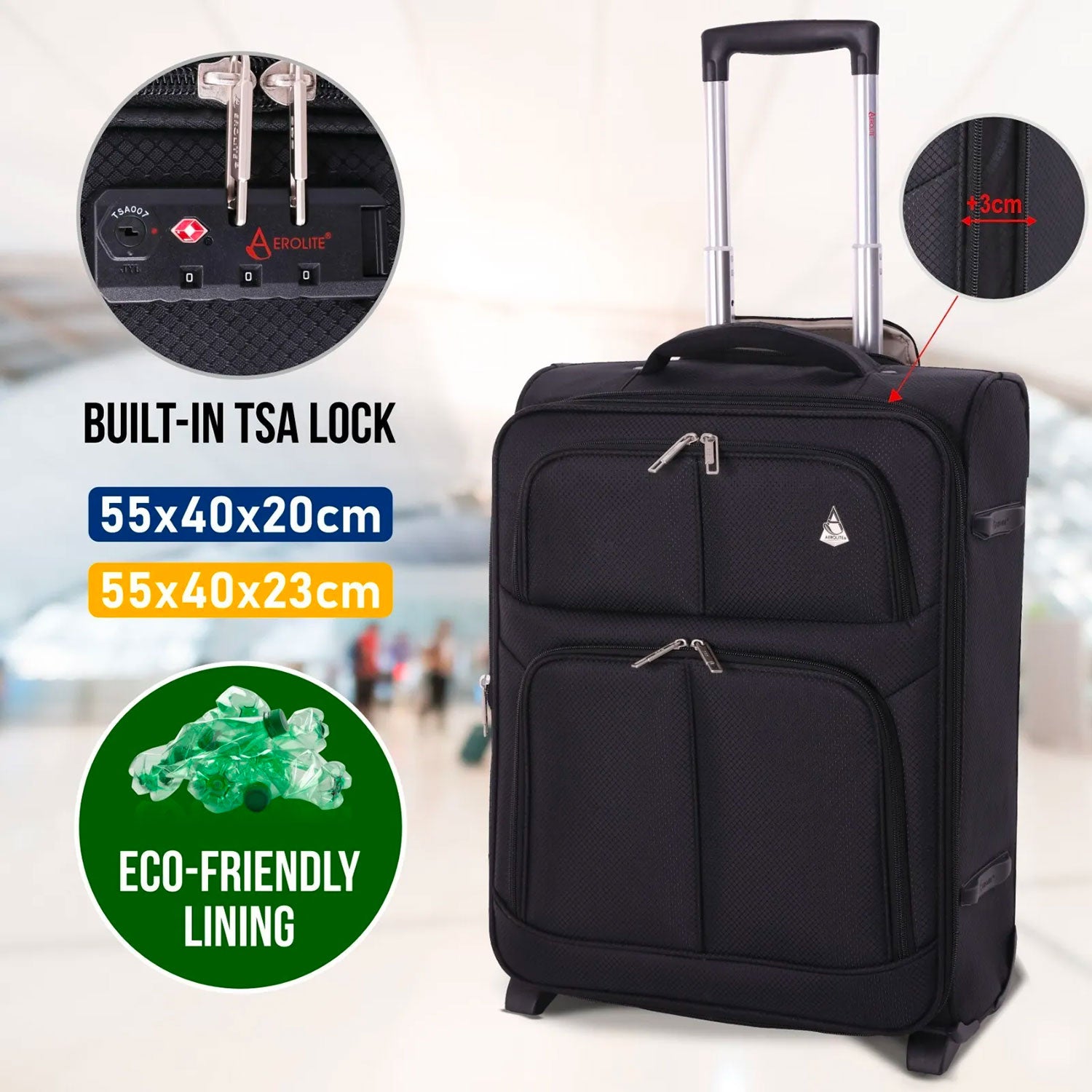 Aerolite Wizz Air Max Cabin Bundle – Expandable 55x40x23cm Suitcase + 40x30x20cm Underseat Holdall - Lightweight, Eco-Friendly Travel Set