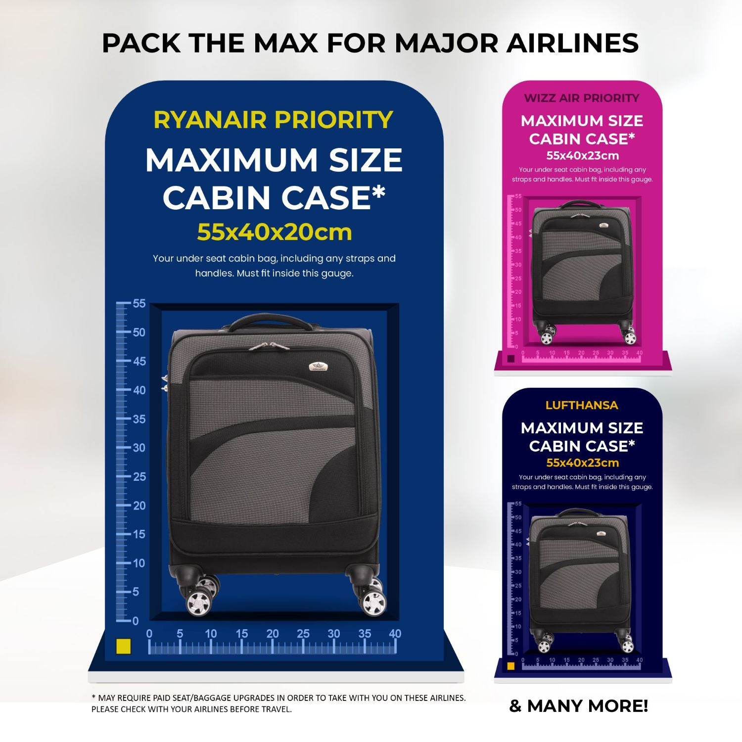 Aerolite Expandable 55x40x20cm to 55x40x23cm 4-Wheel Cabin Suitcase – MAX Size for Ryanair Priority & Wizz Air, Lufthansa, Ultra Lightweight Soft Shell Carry On with TSA Lock